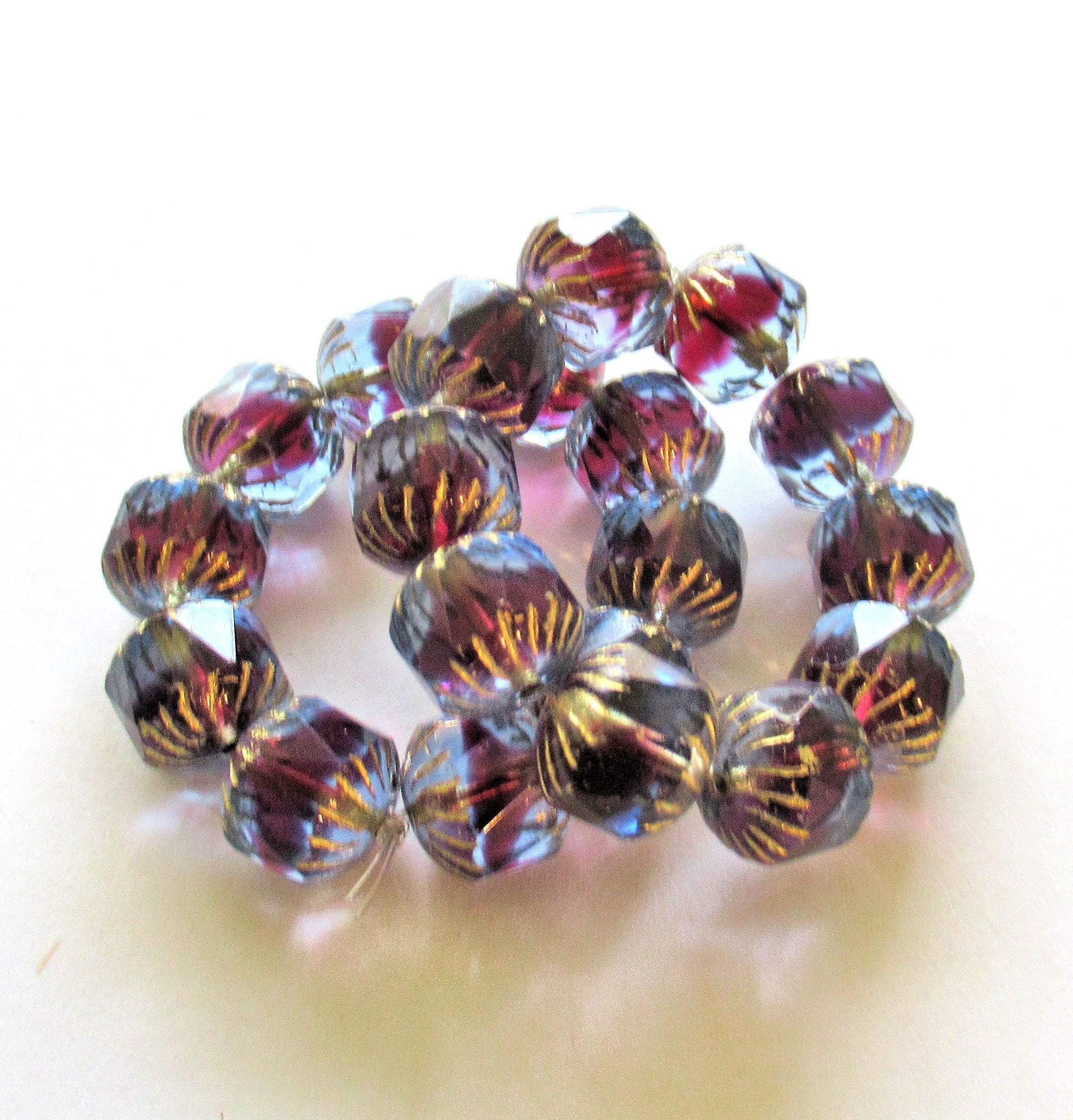 Ten large Czech glass center faceted cruller beads - 10mm - light sapphire blue & deep pink fuchsia cathedral beads w/ gold accents - 00084