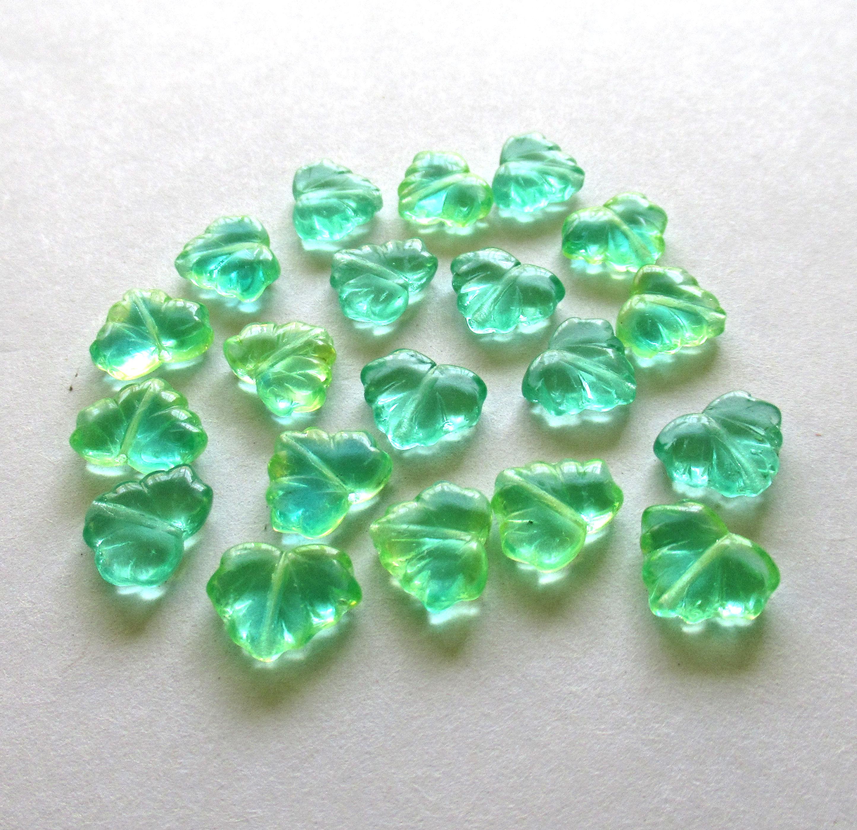 10 Czech glass maple leaf beads - transparent blue green mix leaves - center drilled - 13 x 11mm leaves- C00011