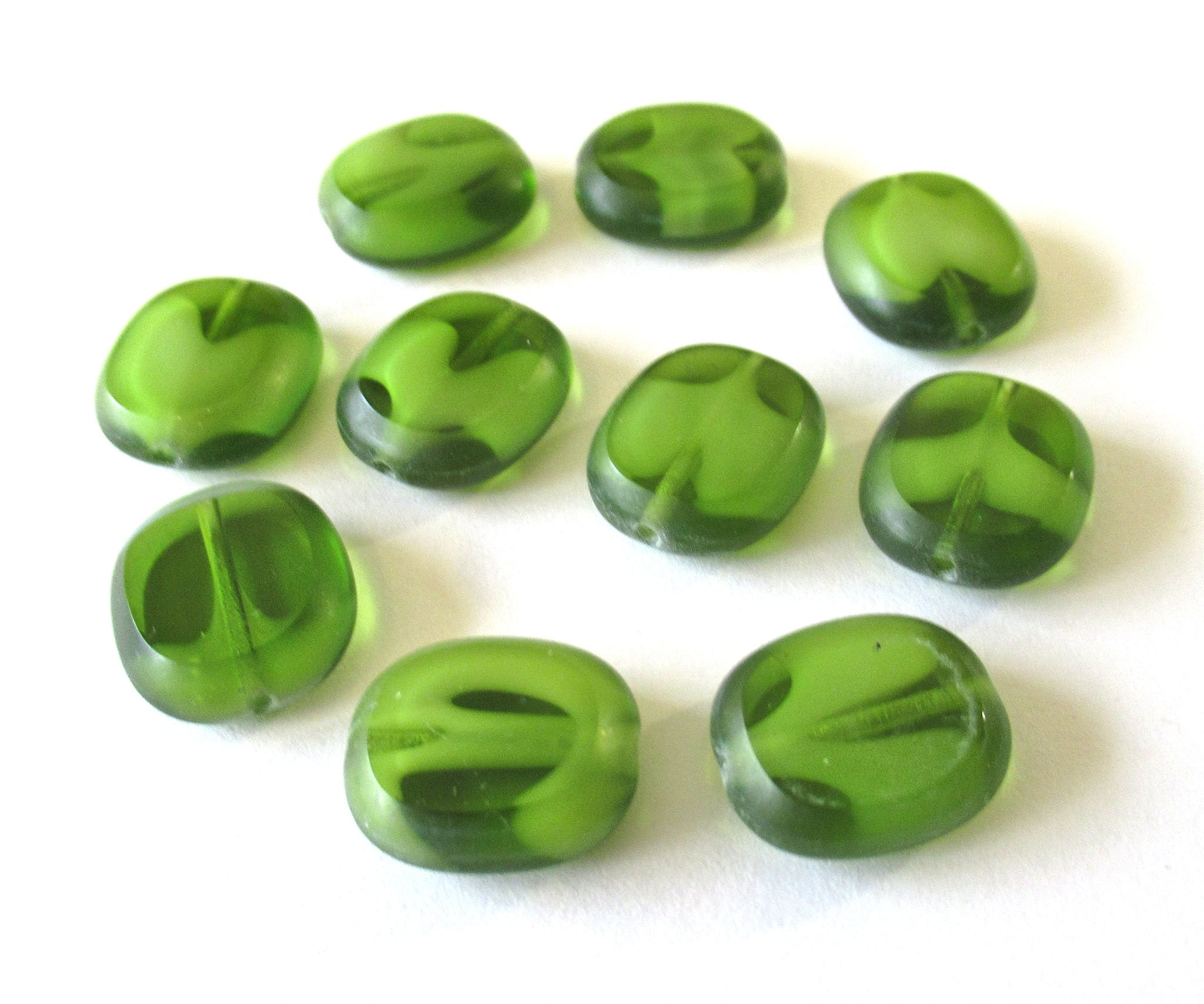 Ten Czech glass oval beads - 14 x 12mm olivine opaque and transparent mix table cut window beads - C00111