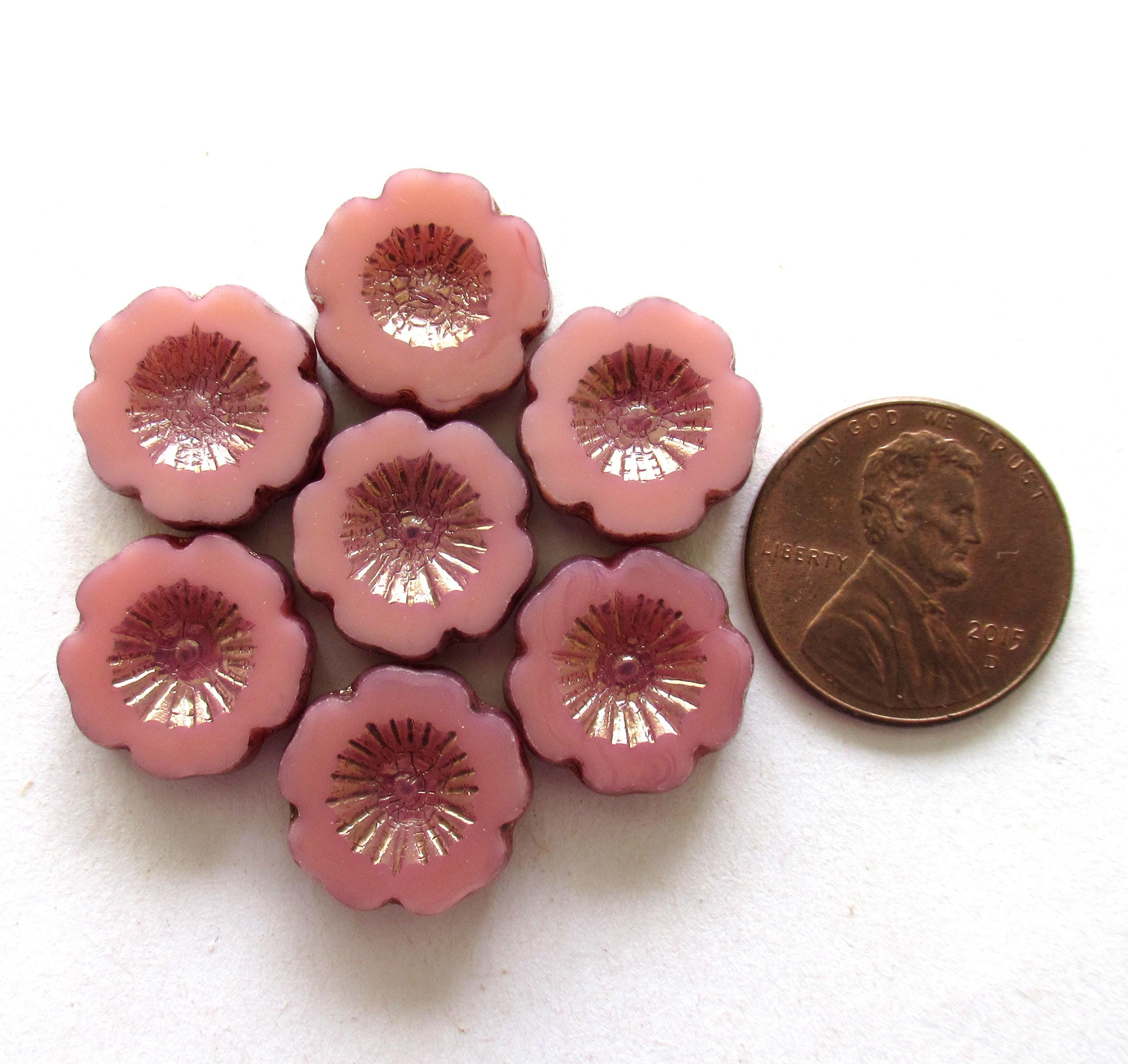 Six Czech glass flower beads - 14mm - opaque pink opal with bronze accents - table cut carved - Hawaiian hibiscus flower beads - C00851