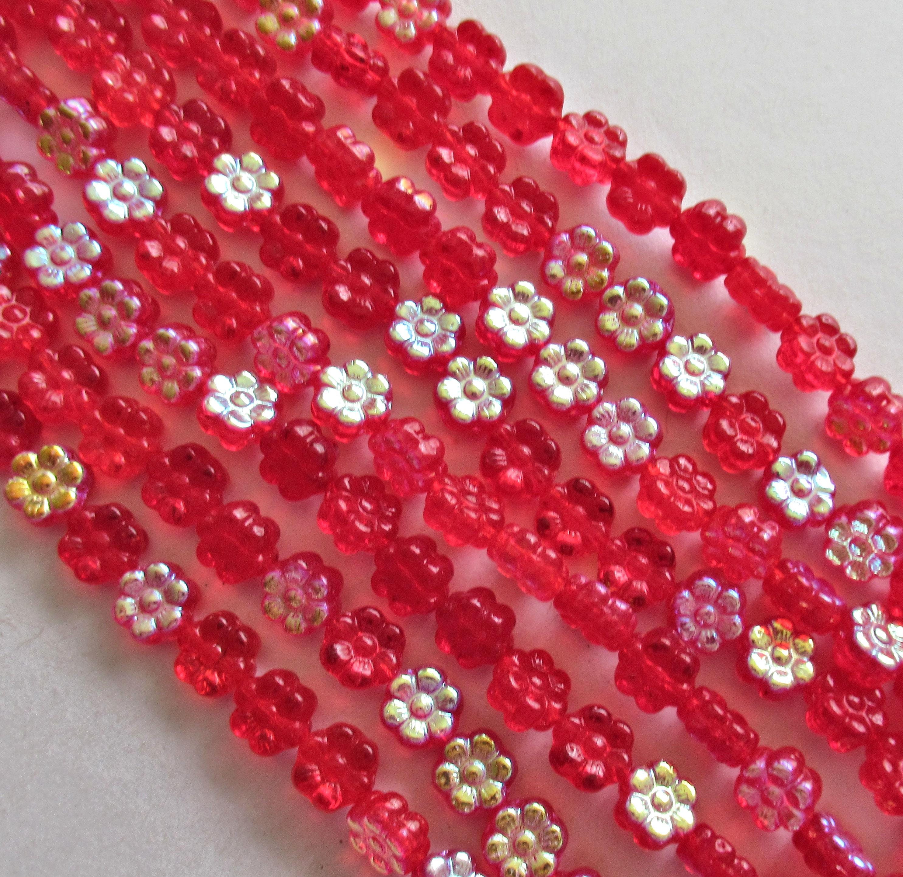 25 8mm Czech glass flower beads - bright siam red AB - pressed glass floral beads - C0074