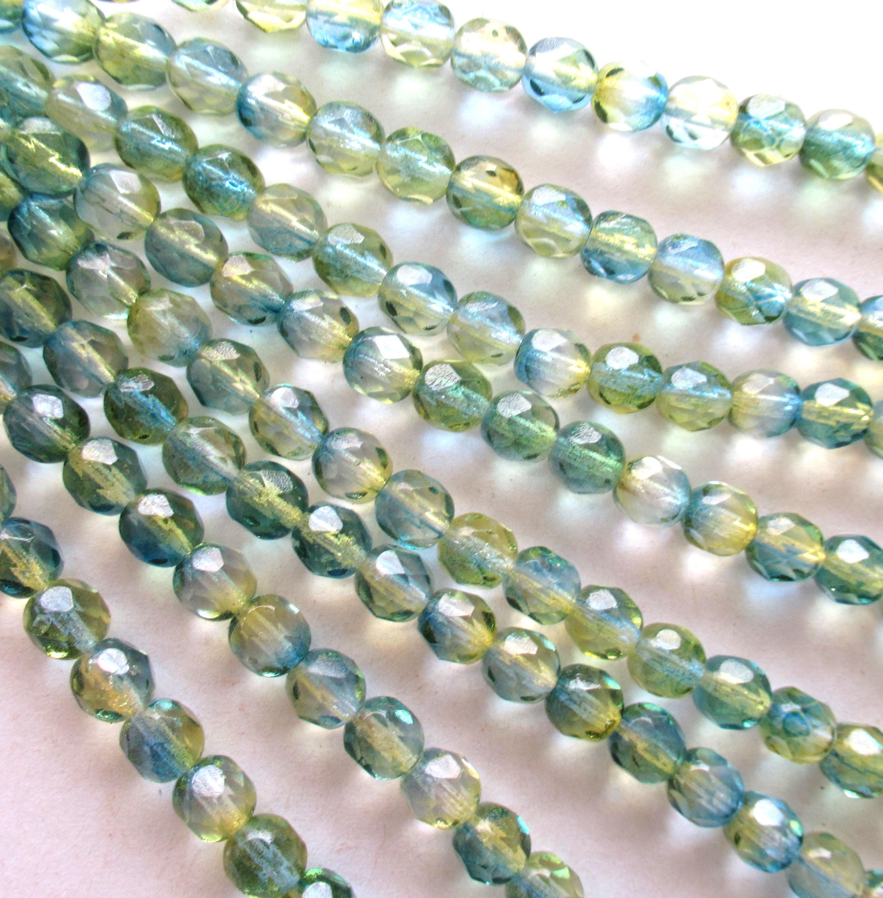 25 6mm Czech glass beads - blue & yellow coated color mix - fire polished - faceted beads - C0075