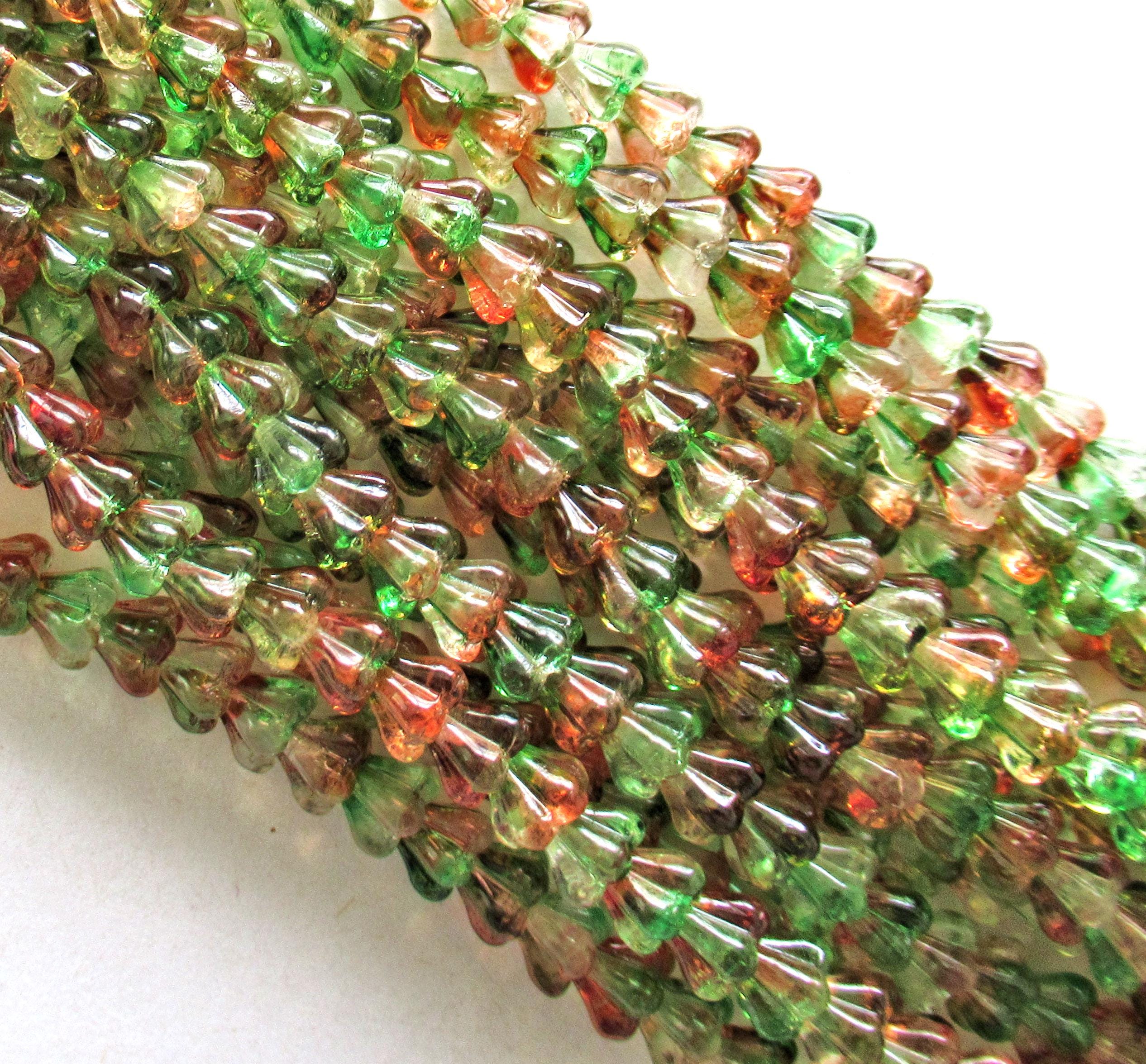 50 Czech glass bell flower beads - Peach / Pear - orange & green mix - pressed glass bellflower beads - 4 x 6mm - C00311
