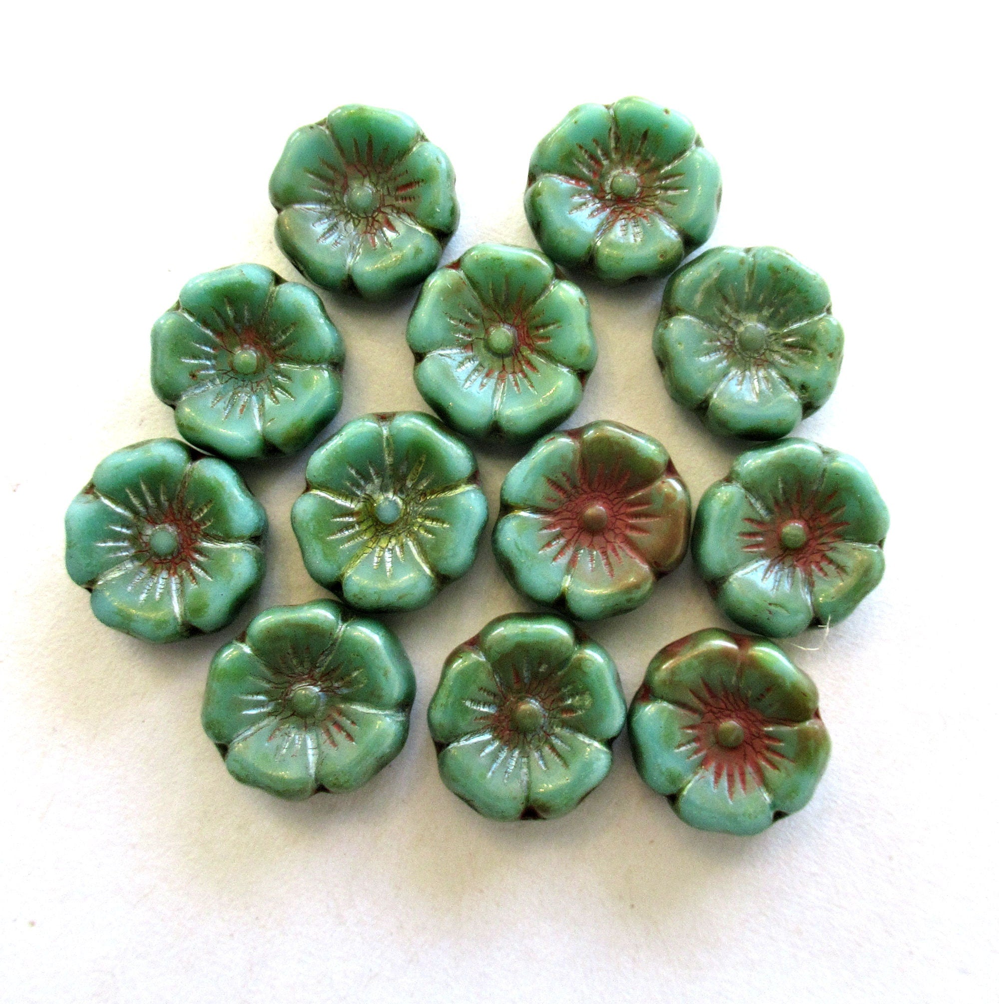 12 Czech glass flower beads - opaque turquoise blue green picasso - 12mm Hawaiian Hibiscus floral beads C00571