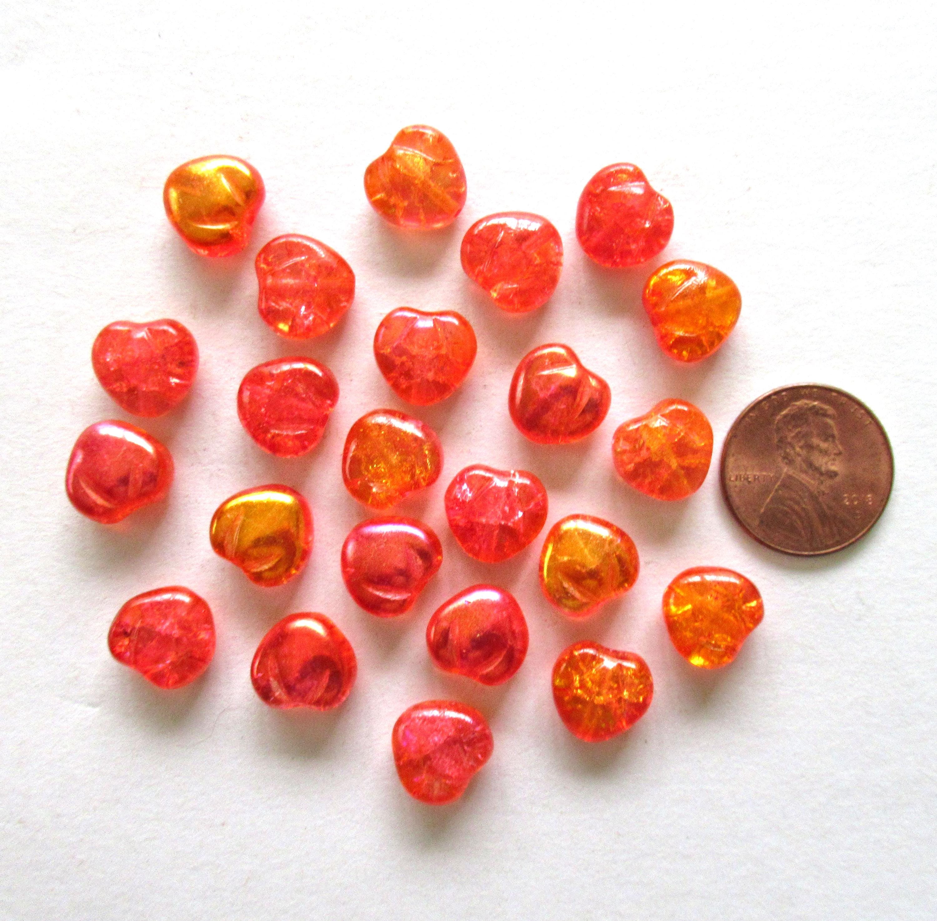 Ten Czech glass heart beads - 11mm - bright orange ab crackle glass hearts - C0049