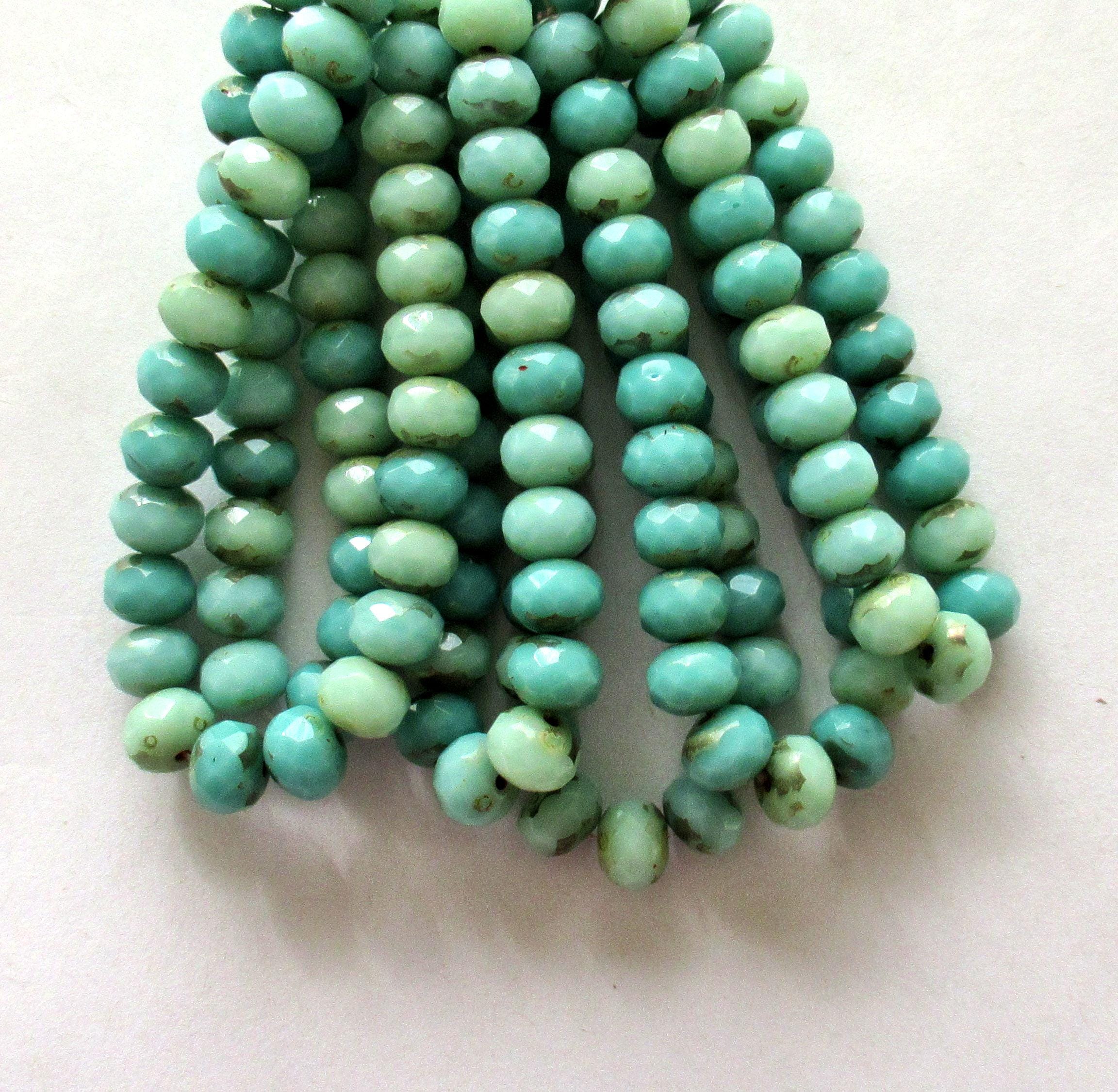 Lot of 25 puffy rondelle beads - opaque turquoise & mint green picasso mix - 5 x 7mm faceted Czech glass rondelles 53101