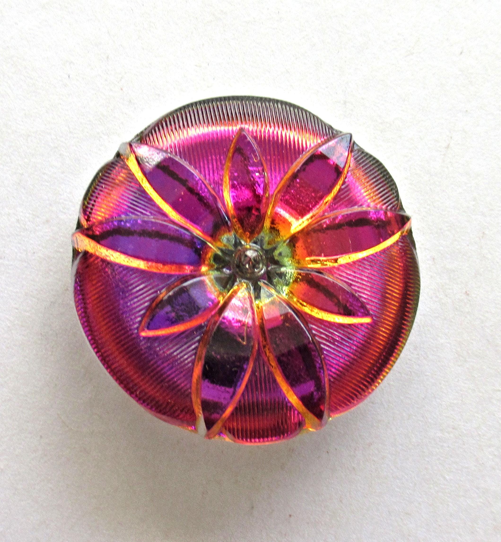 One large Czech glass flower button - iridescent pink & orange button - 35mm - decorative shank button - 00083