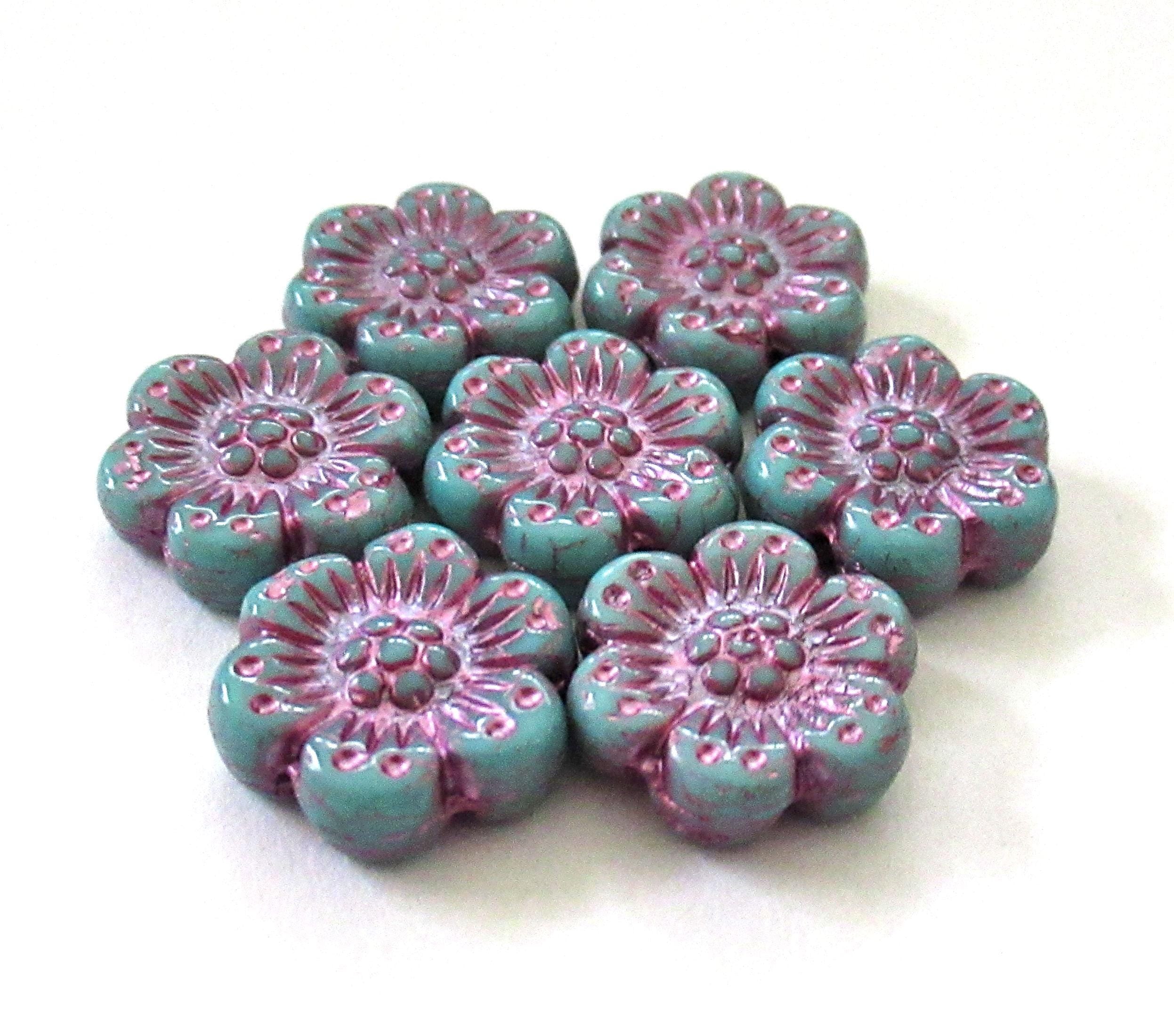 Twelve Czech glass wild rose flower beads - 14mm opaque turquoise blue floral beads with a pink wash - C00022