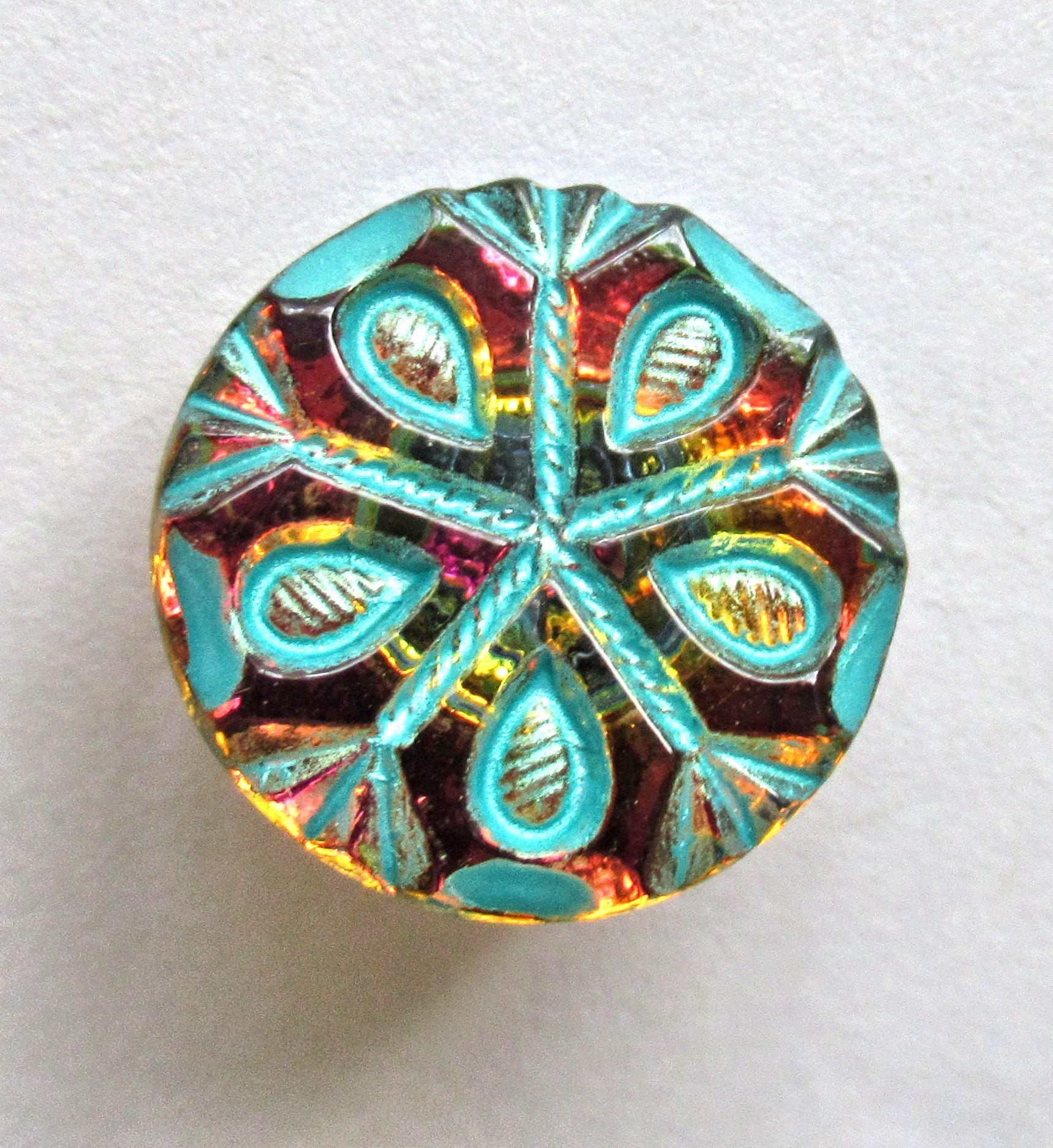 One 18mm Czech glass button - orange & pink iridescent snowflake with a turquoise wash - decorative shank button 00082