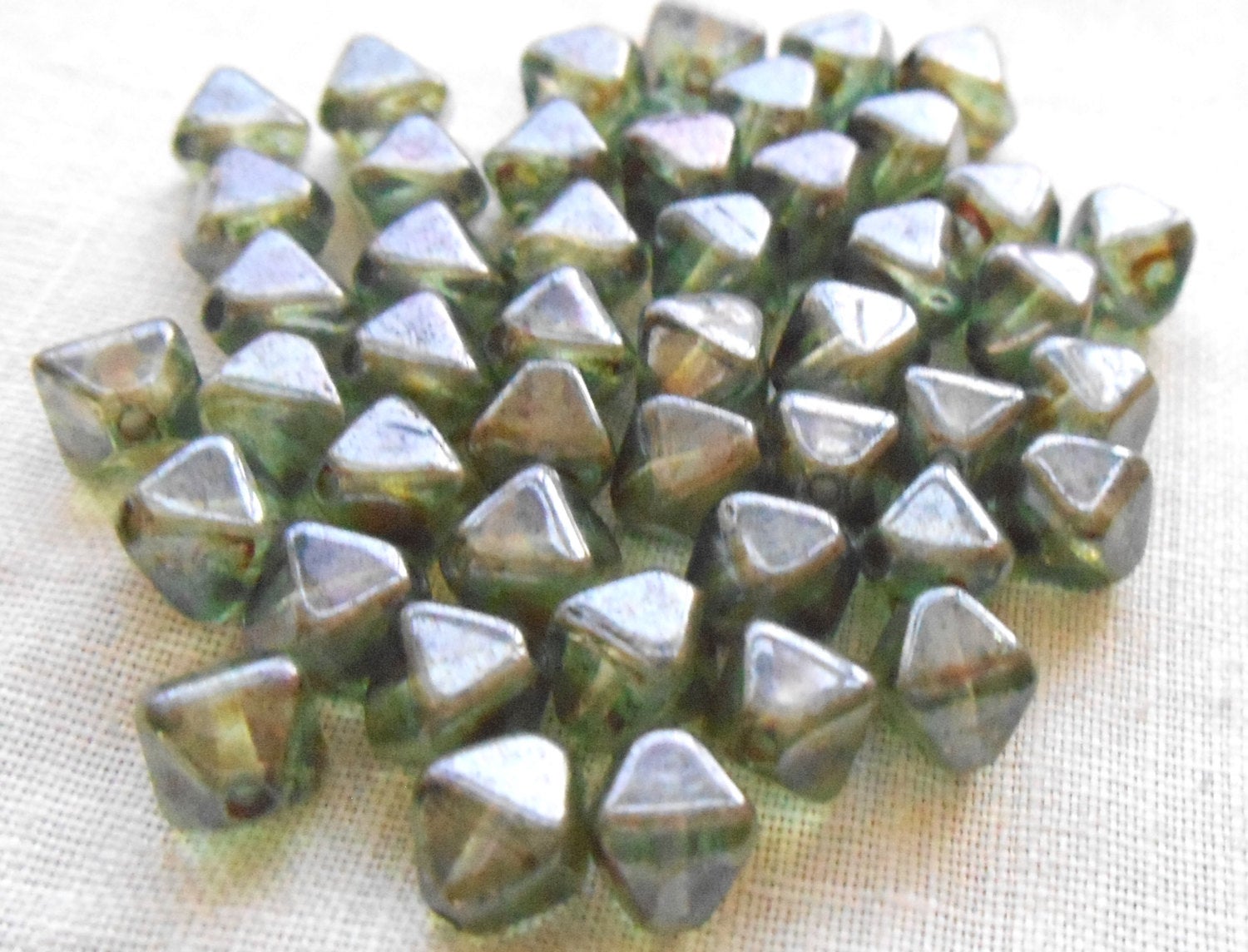 50 6mm iridescent Lumi Green bicone pressed glass Czech beads, earthy, rustic beads C0750