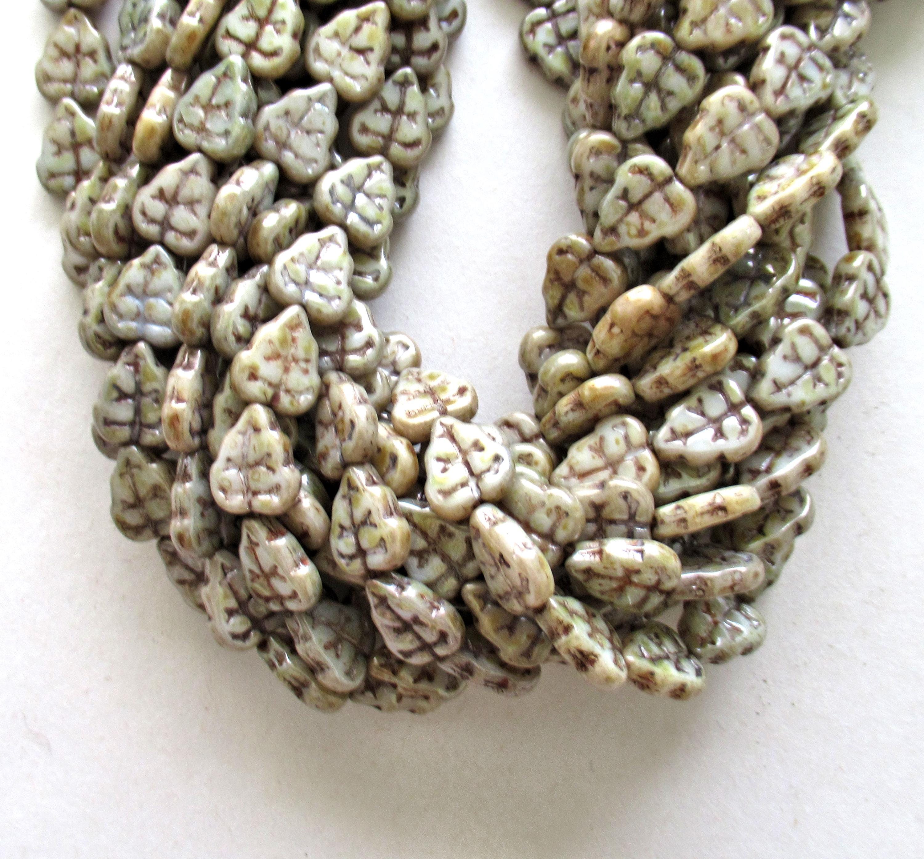 25 Czech glass leaf beads - opaque luster green picasso - 8 x 10mm leaves - C0006