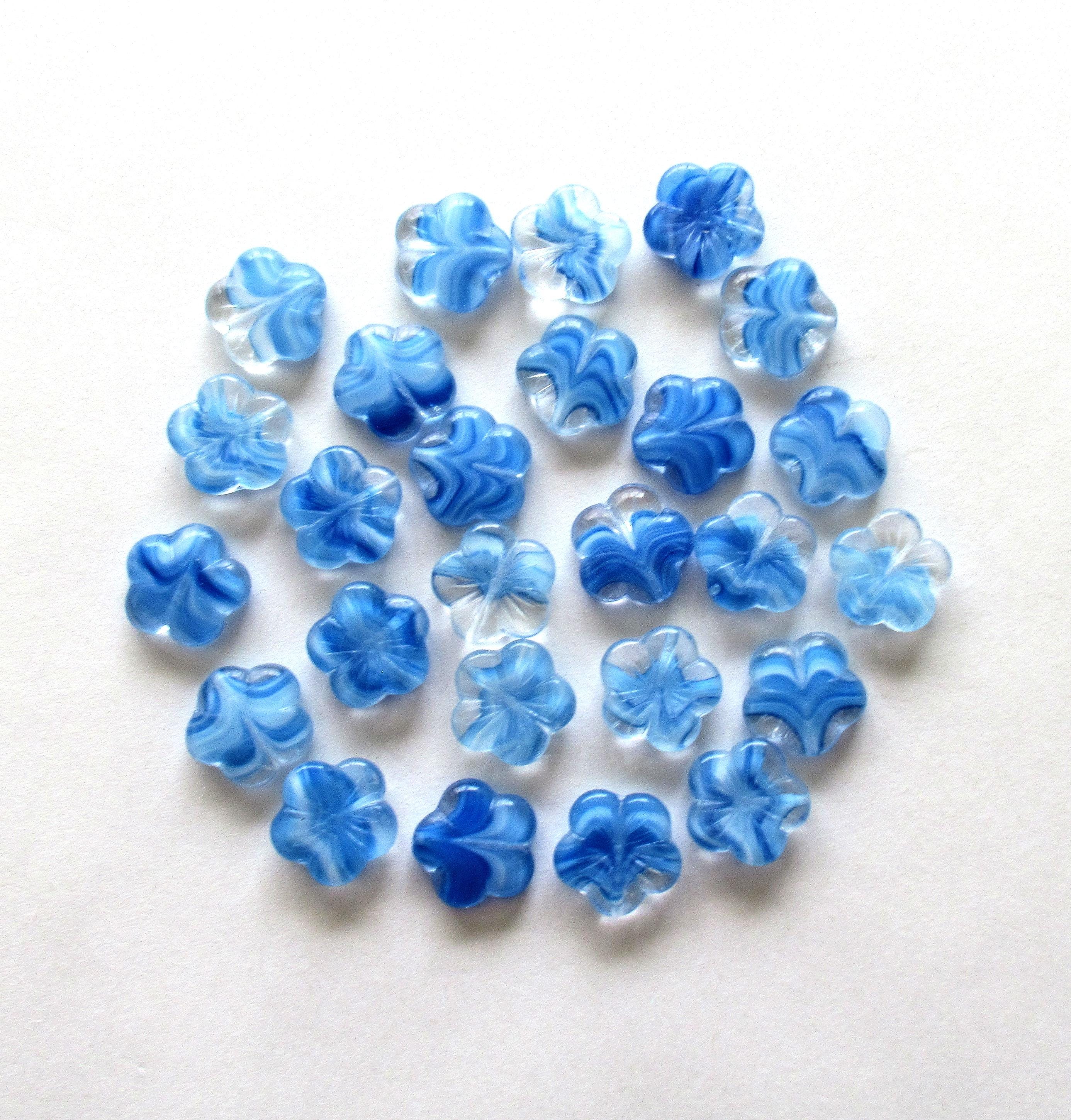 Ten 14mm Czech glass flower beads - marbled blue white and clear glass - pressed floral beads - C0331