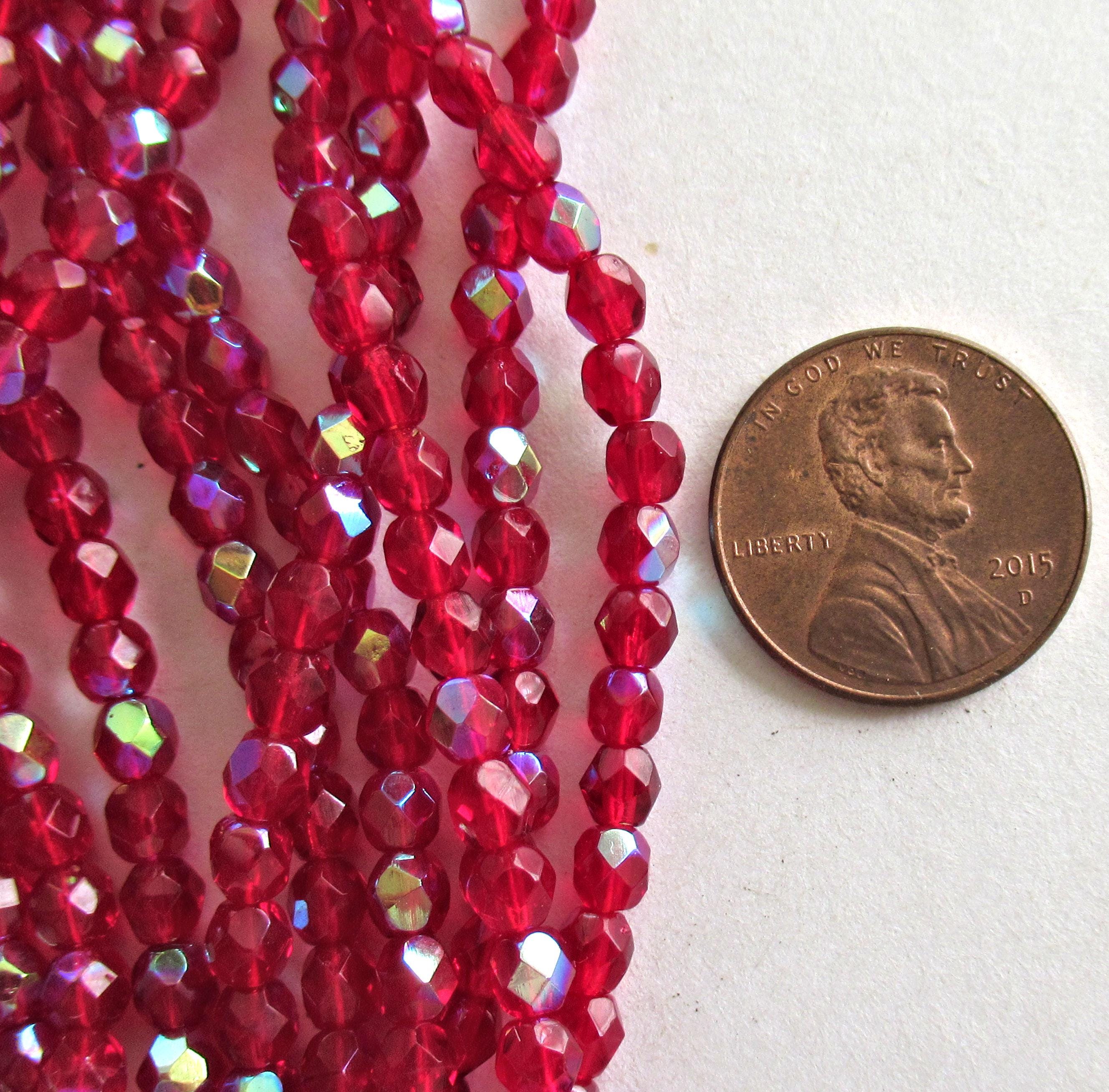 50 4mm Czech glass faceted beads - Ruby Red or Light Garnet AB - fire polished round beads - C0065