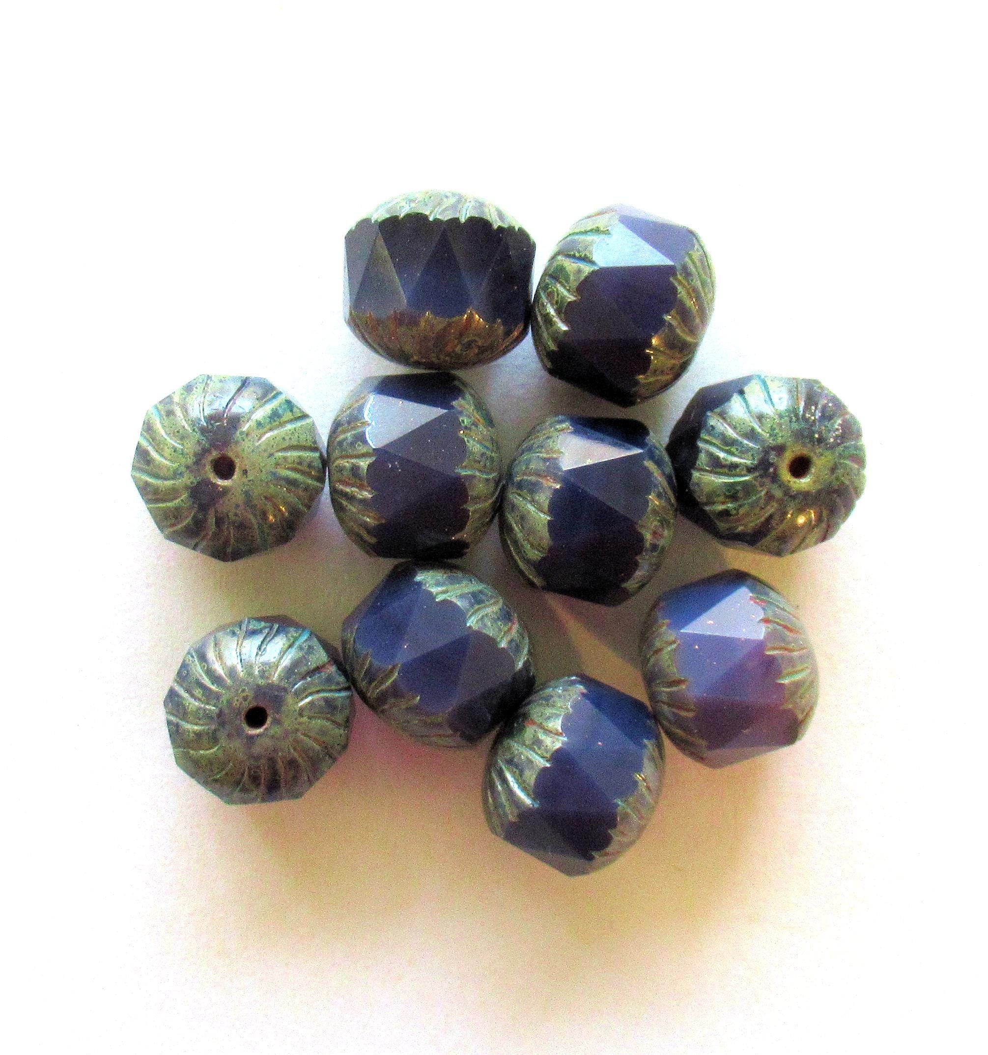 Ten large Czech glass center faceted carved cruller beads - 10mm - round purple opal cathedral beads with gray picasso accents - 00004