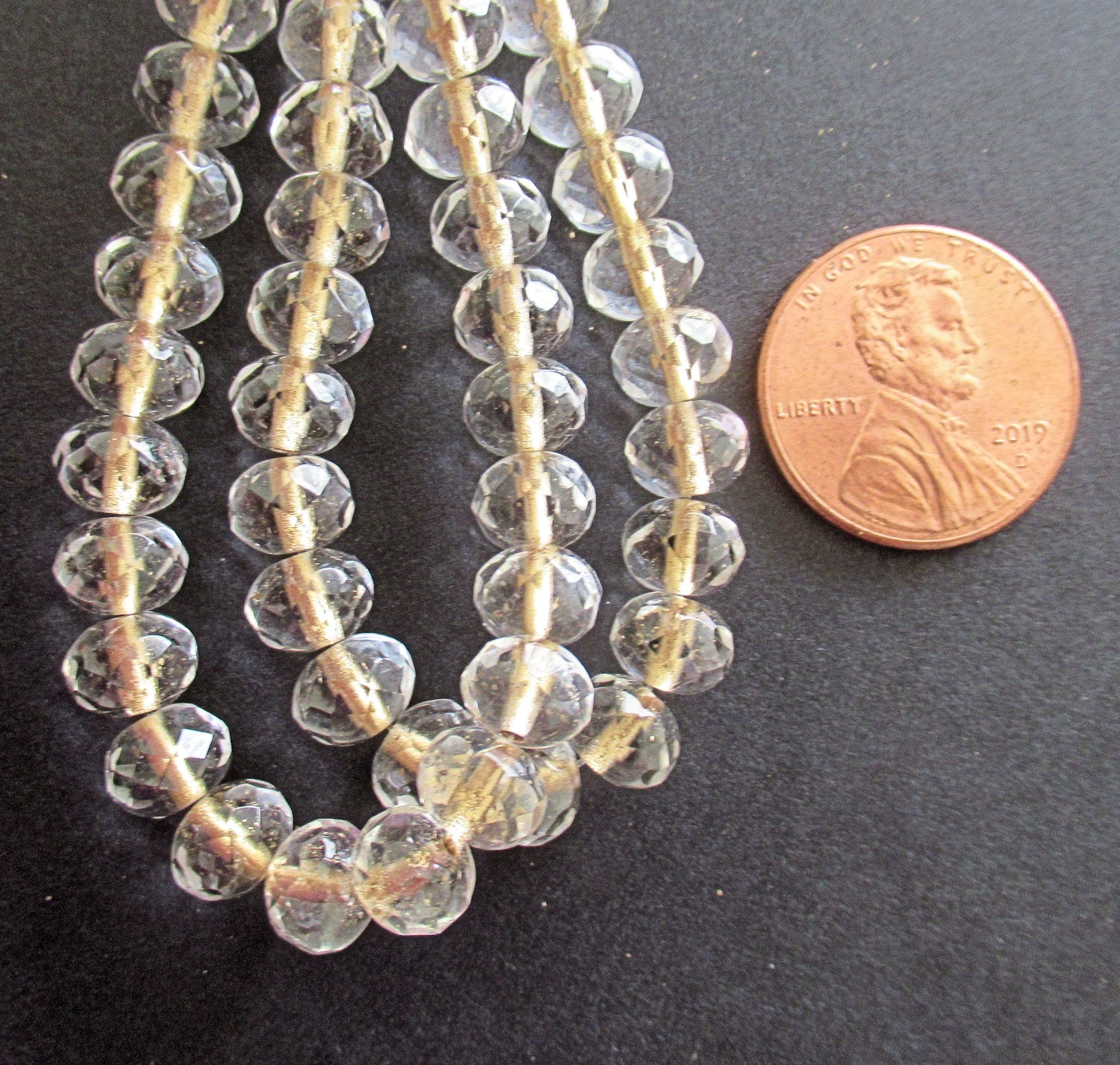 25 Czech glass puffy rondelle or donut beads - 5 x 7mm crystal clear gold lined beads - fire polished faceted rondelles 00031