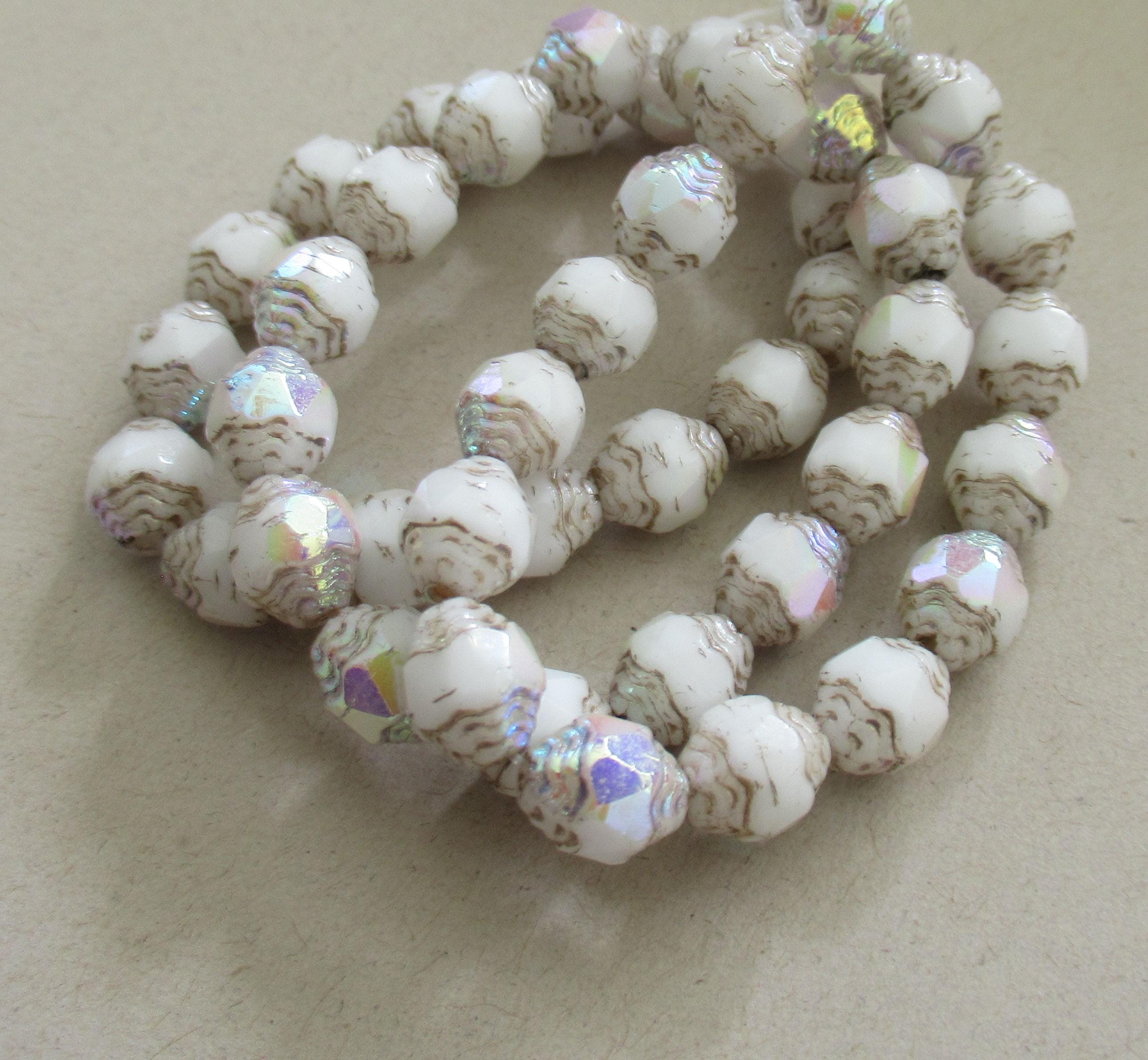 15 Czech glass mini antique style oval cathedral beads - 8 x 6mm white ab picasso beads - faceted fire polished cathedral beads - C00071