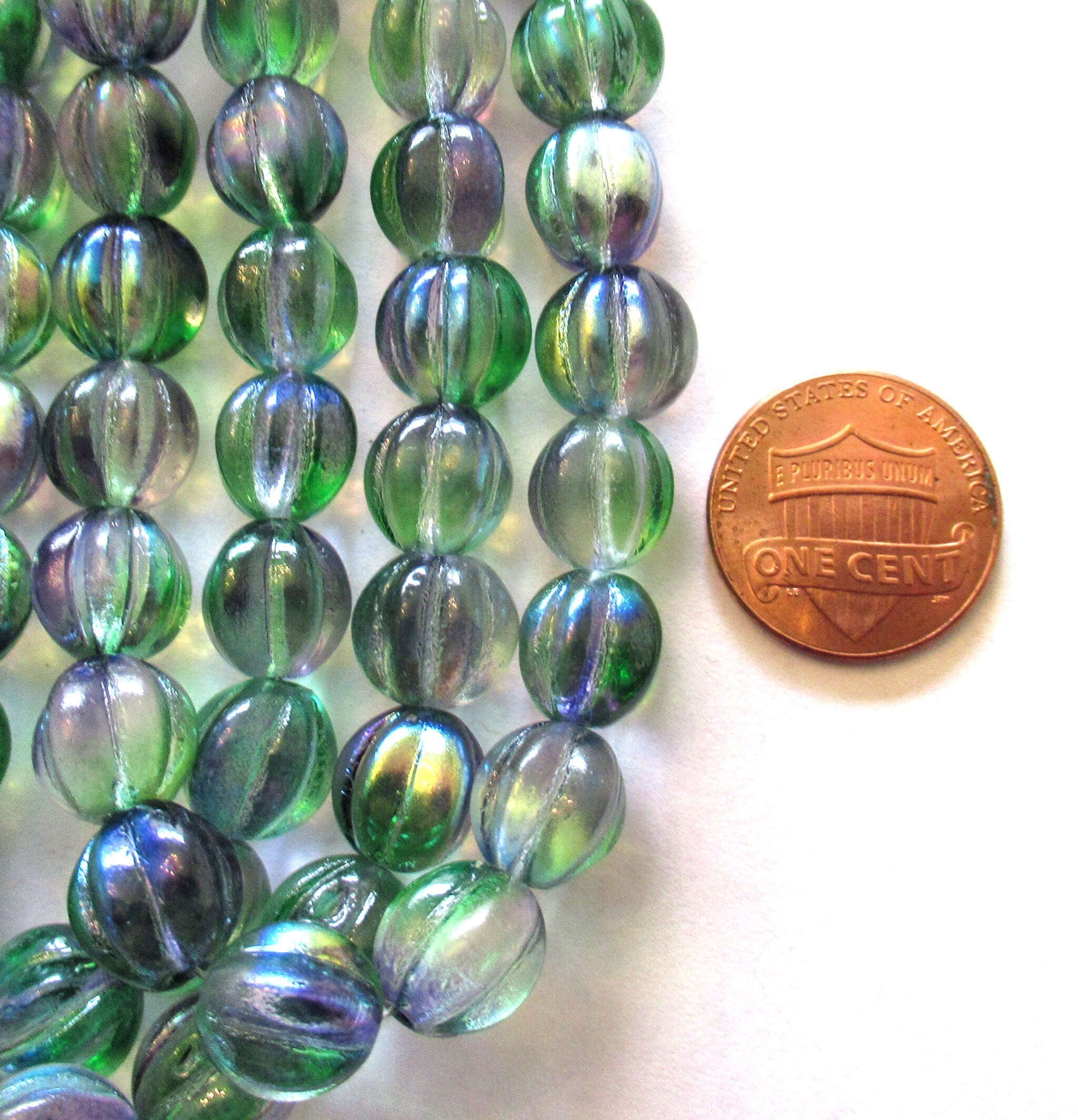 Ten 10mm Czech glass melon beads - green & purple mix pressed glass beads - C0049