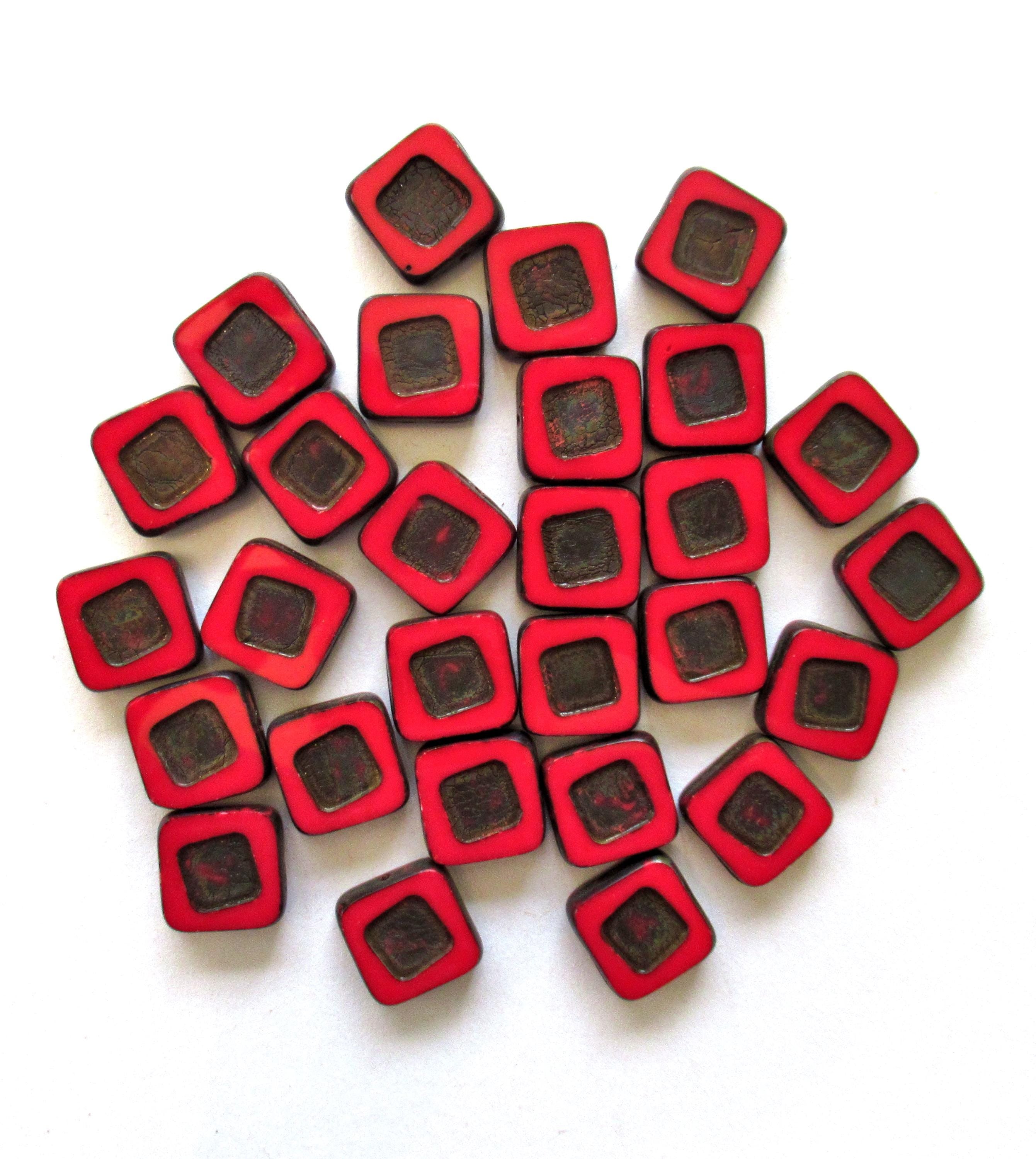 Four large Czech glass square beads - 14 x 14mm - opaque red picasso beads - chunky table cut statement or focal beads C00661