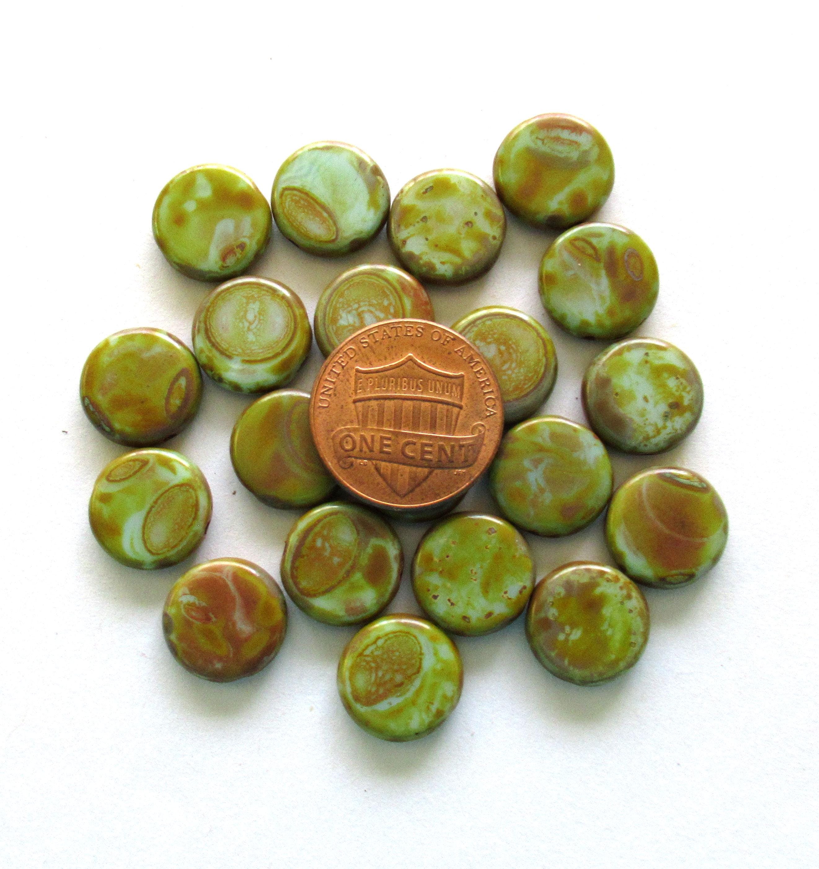 Czech glass coin or disc beads - 12mm - light turquoise green beads w/ a full picasso coat - flat round beads - 10 beads - 00118