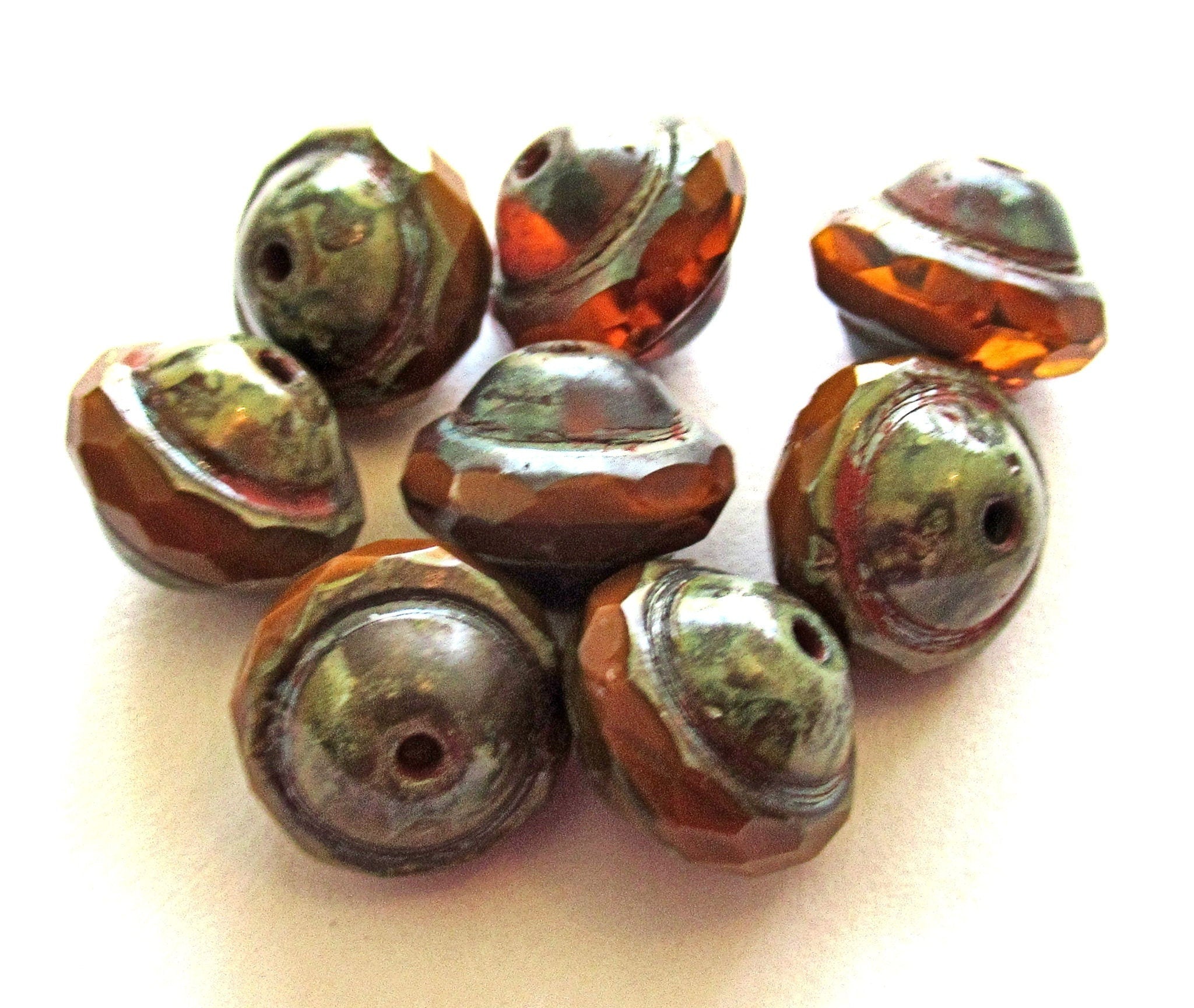 Czech glass faceted saturn or saucer beads - 8 x 10mm transparent & opaque mix rust orange brown w/ picasso finish - fifteen pieces - C00302