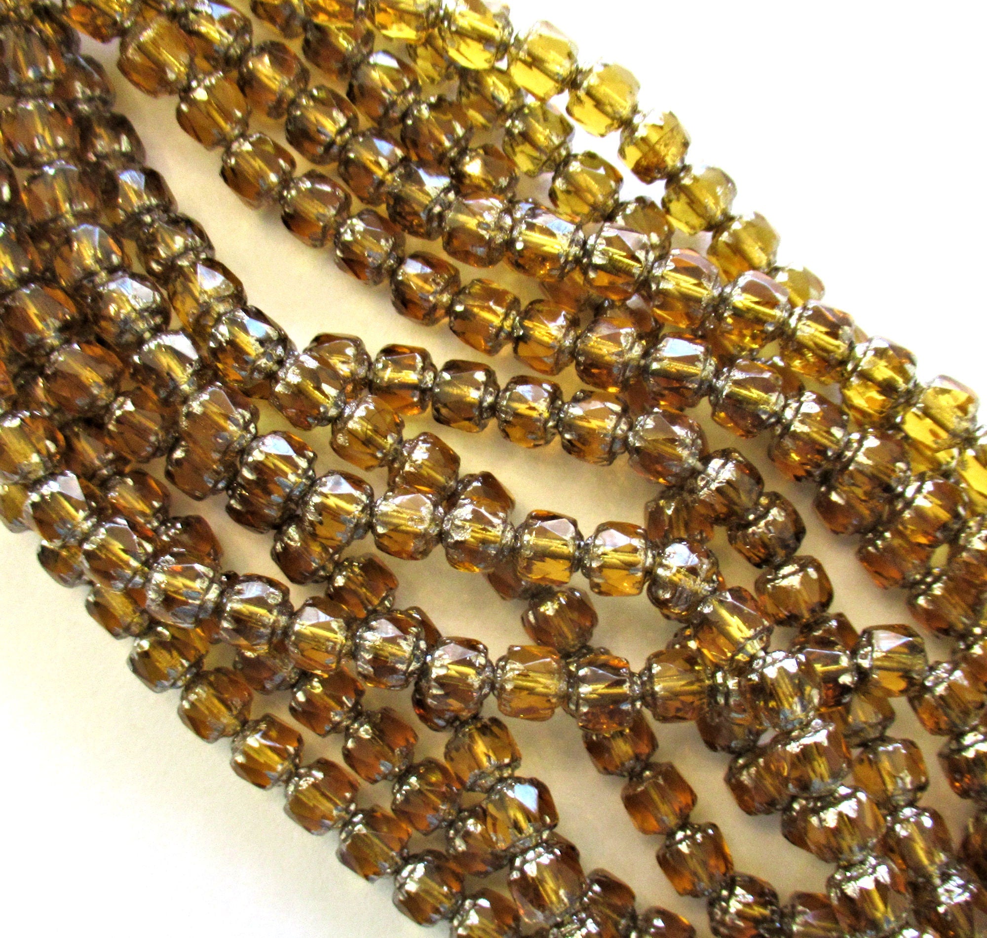 Lot of 25 Czech glass antique cut cathedral beads - topaz brown w/ silver picasso accents - faceted, fire polished beads - C00201