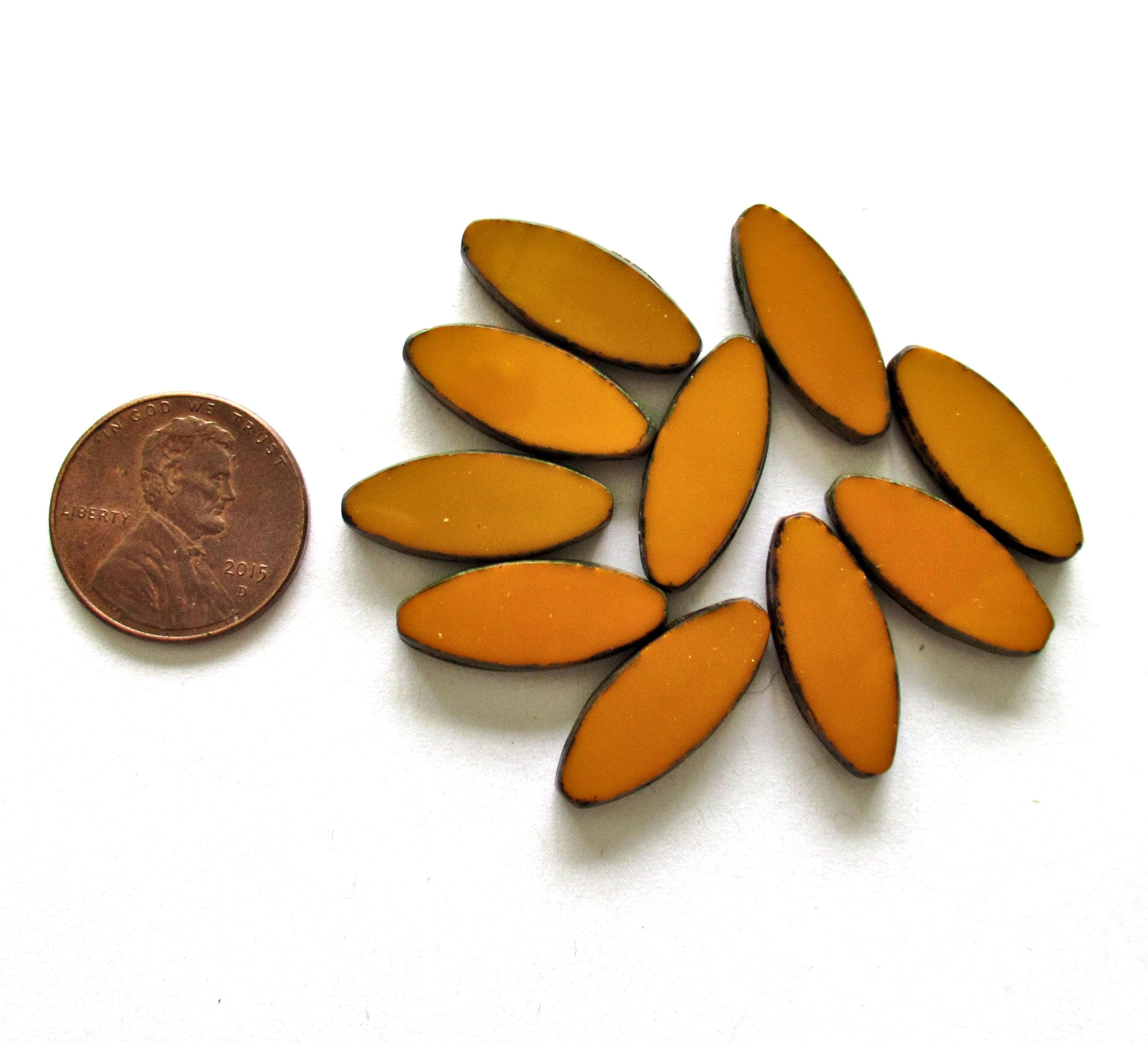 Ten large Czech glass spindle beads - opaque pumpkin orange picasso beads - 20 x 9mm - table cut almond shaped oval beads - C00122