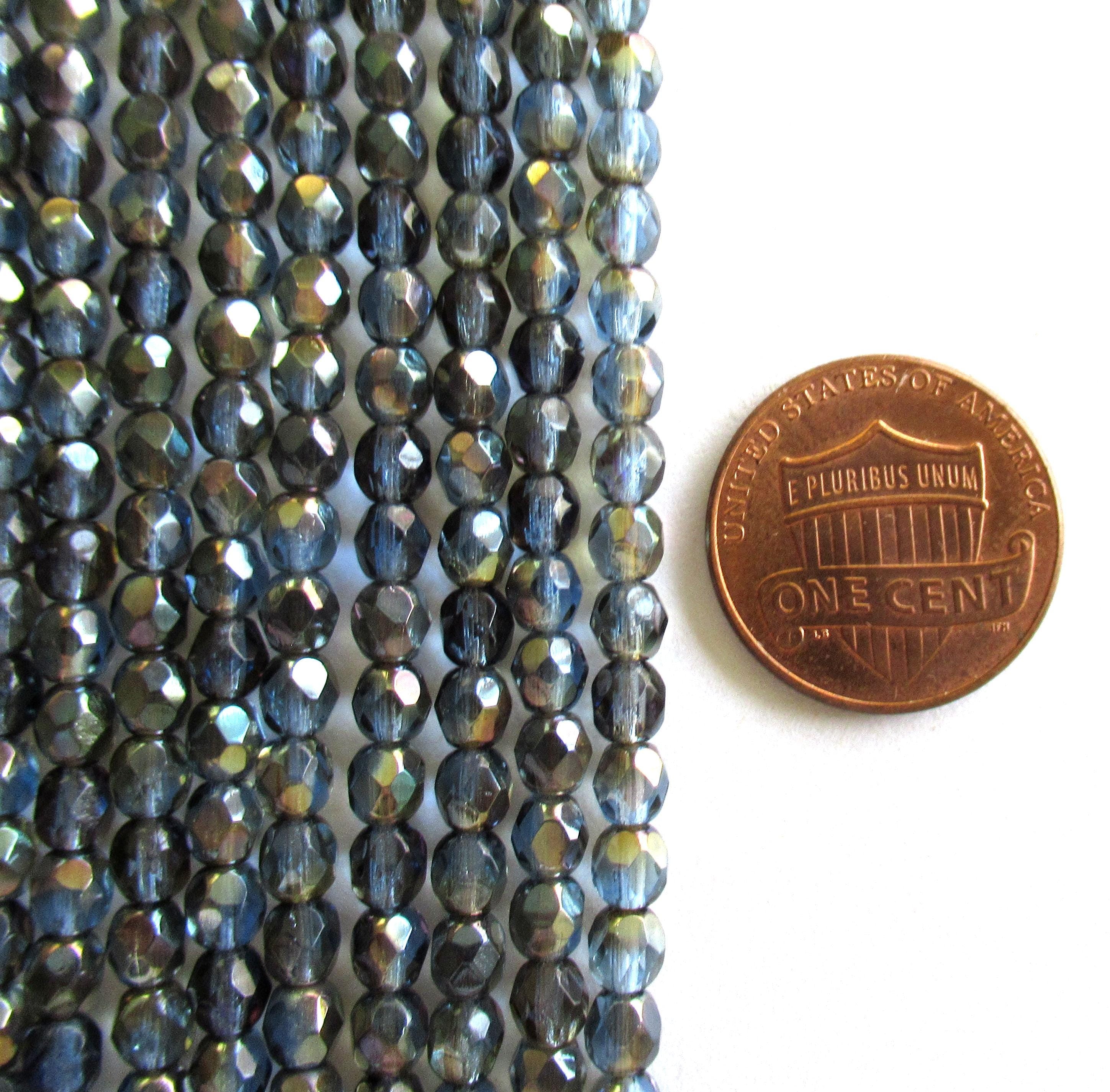 50 4mm Czech glass beads - Sapphire Blue Celsian beads - blue gray beads with a celsian finish - round faceted fire polished beads C-0076