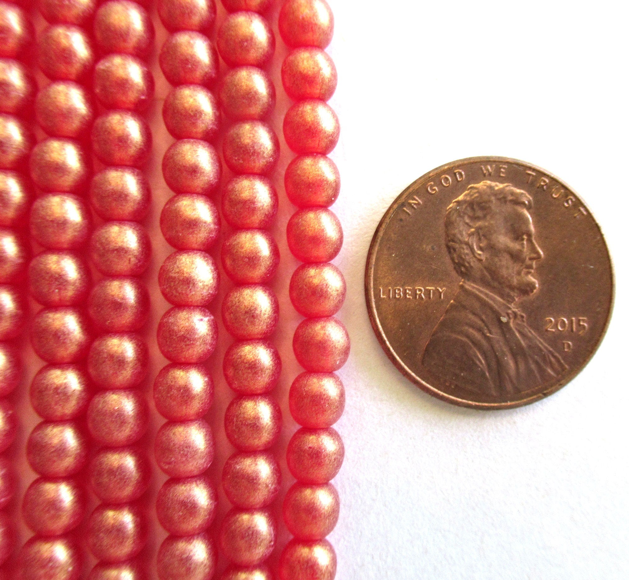 100 4mm Czech glass druks - Sueded Gold Ruby Red - siam red smooth round druk beads with a matte gold finish - C0093