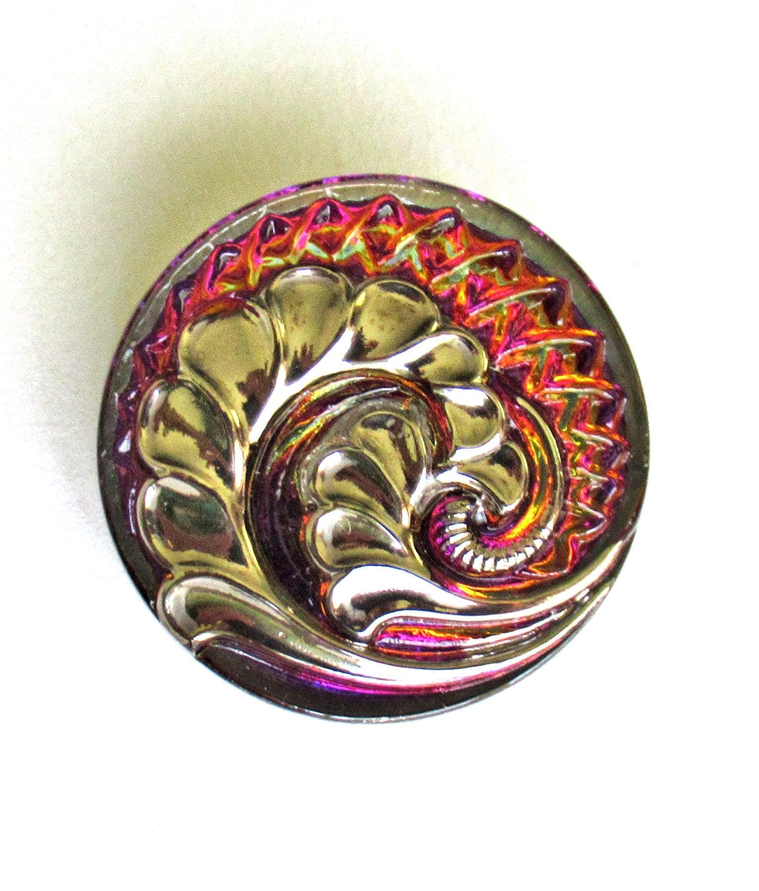 One large 27mm Czech glass frond button - iridescent pink purple & orange with silver - ornate decorative shank button - C00072