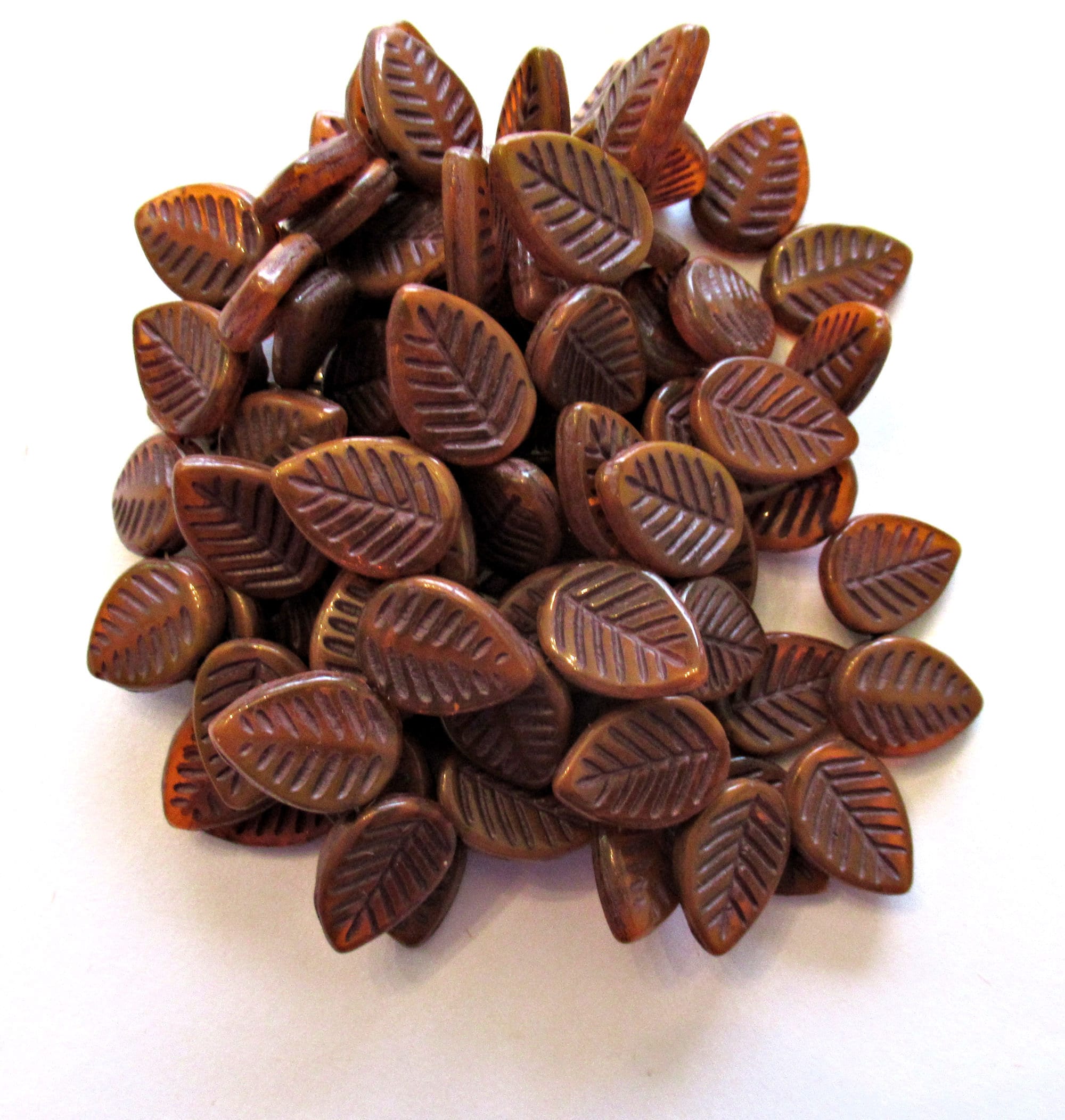 Ten large Czech glass leaf beads - side drilled - translucent burnt sienna / orange / brown beads - 12 x 16mm carved beads C00331