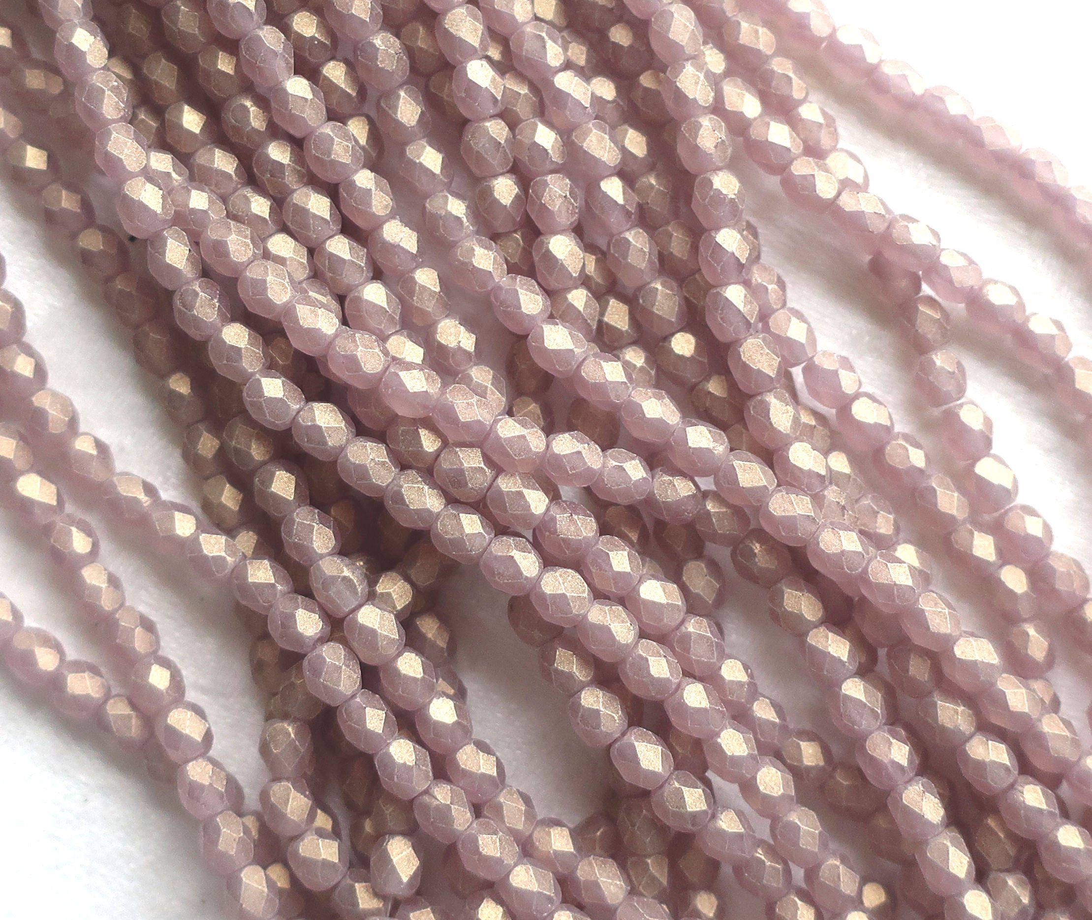 Lot of 50 4mm Sueded Gold Amethyst Czech glass beads, faceted round fire polished purple beads with a frosted gold finish C8601