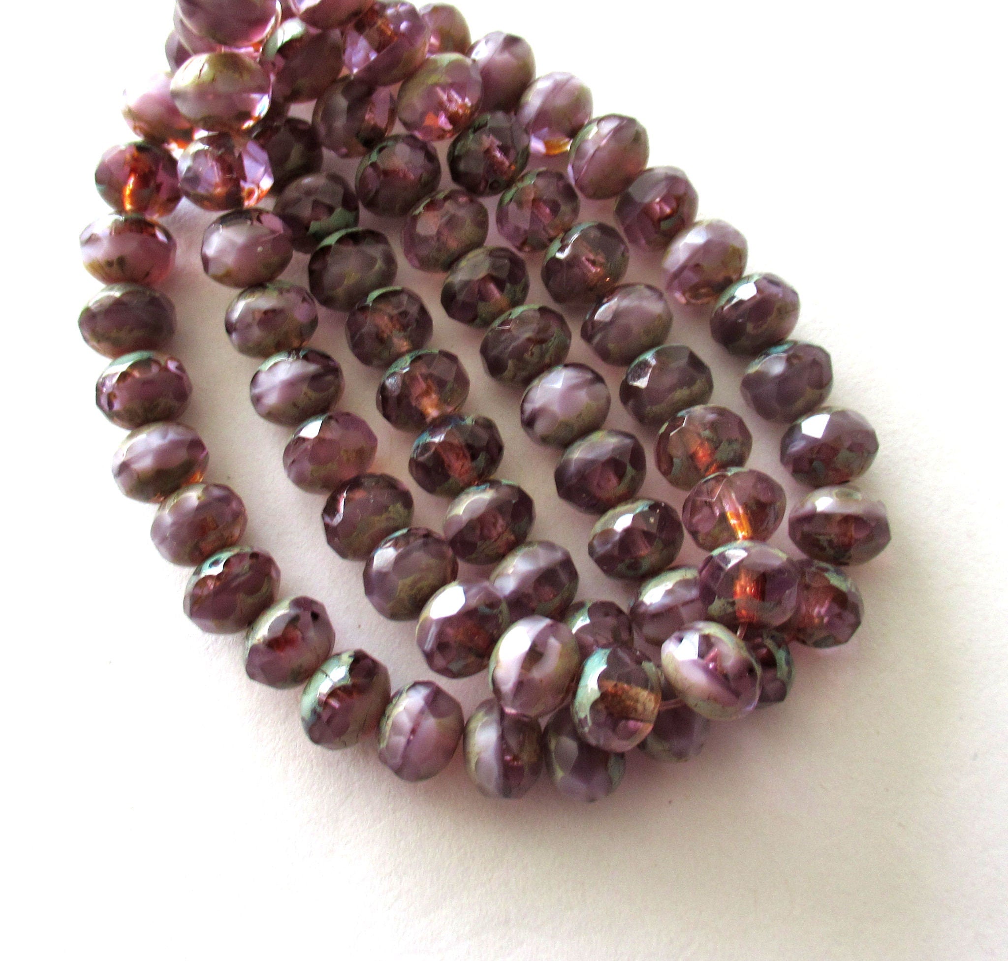 25 Czech glass faceted puffy rondelle beads - 5 x 7mm transparent & opaque purple lavender light amethyst mix picasso rondelles C00112