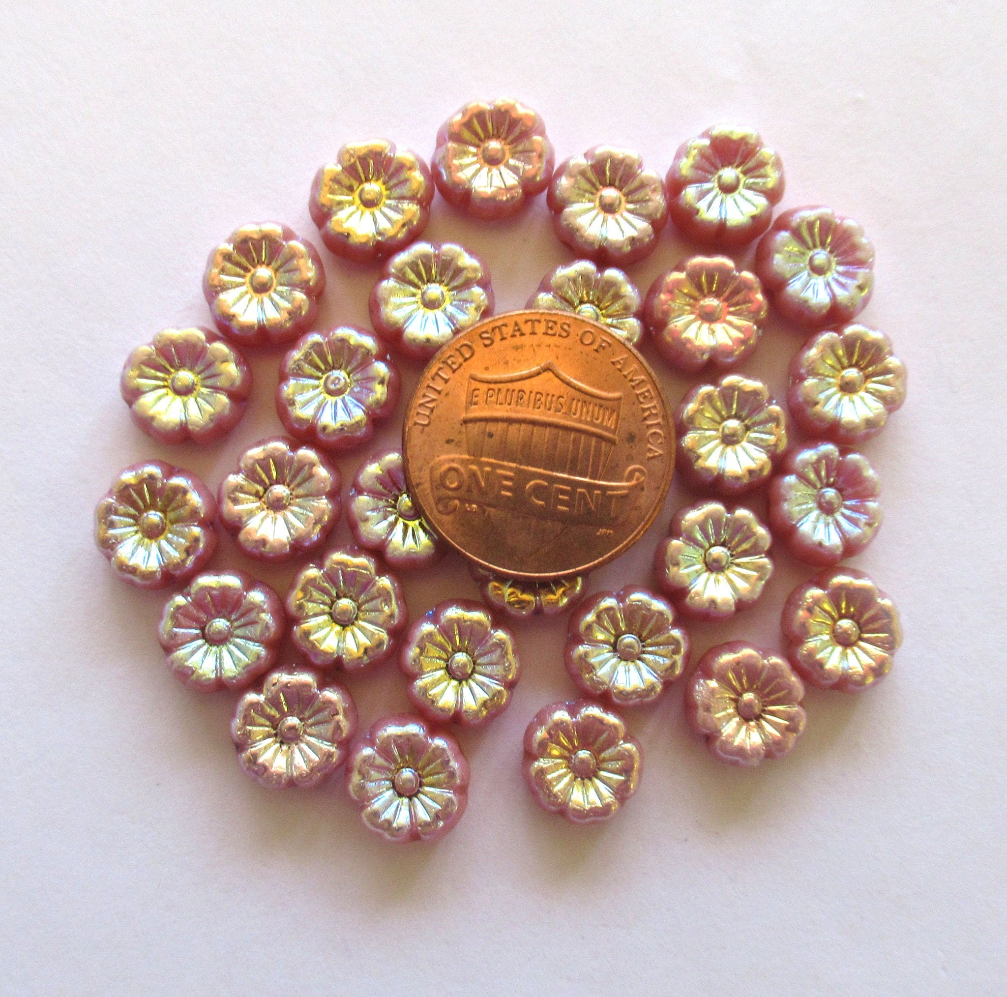 15 8mm Czech glass flower beads - opaque pink with an ab finish on both sides- Hawaiian hibiscus flower beads - C00501