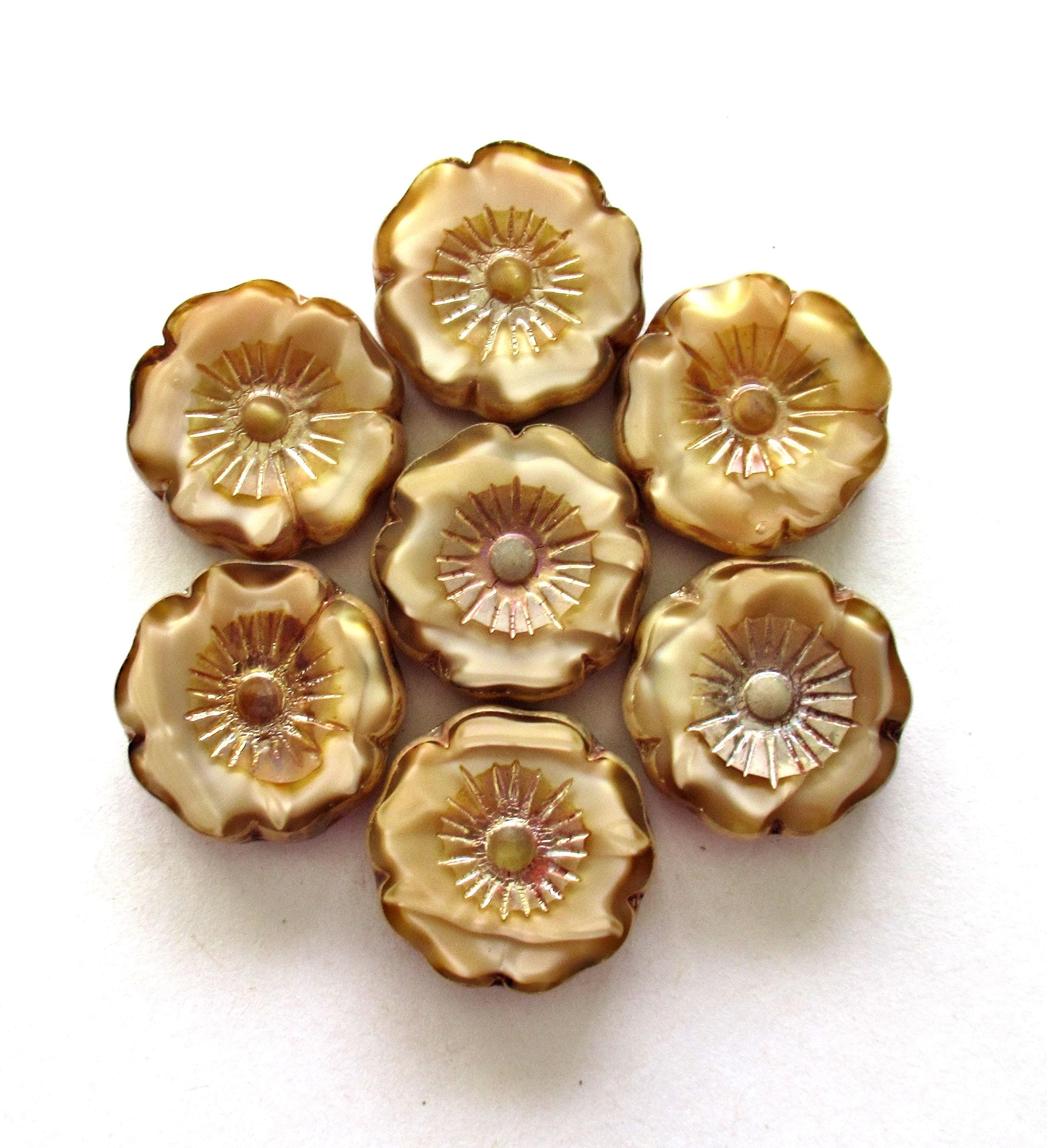 Two large 22mm Czech glass flower beads - Table cut carved silky marbled beige picasso beads - Hawaiian hibiscus focal flower beads - 00881