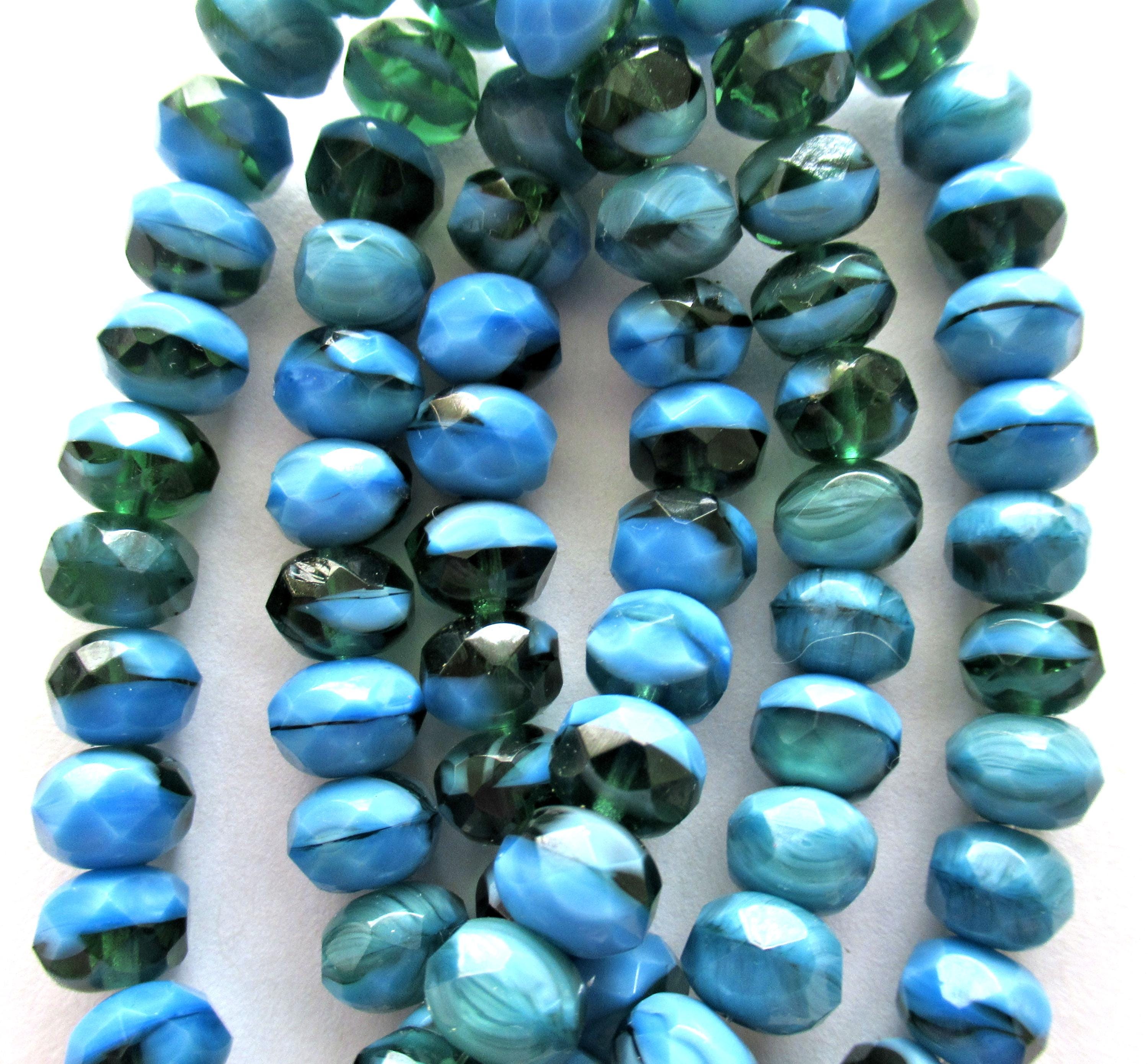 Czech glass puffy rondelle beads - 6 x 9mm - marbled opaque blue & transparent green - faceted fire polished beads - 25 pcs - C00662