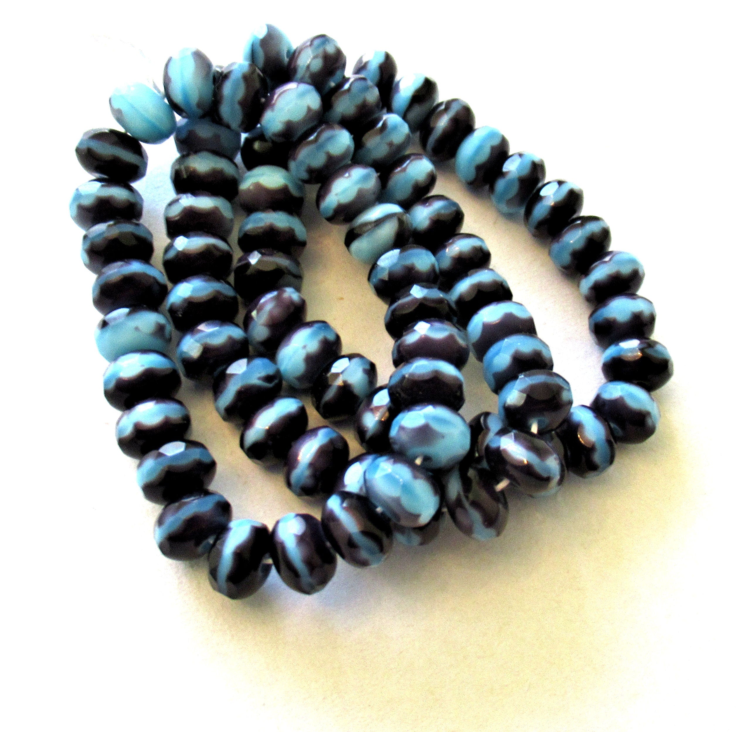 25 Czech glass puffy rondelle beads - 5 x 7mm opaque dark purple / tanzanite & opaque sky blue color mix faceted rondelles 00612