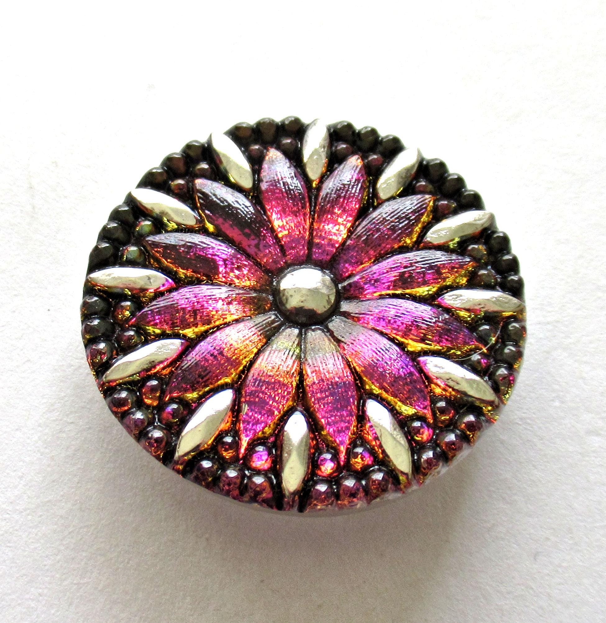 One large Czech glass flower button - iridescent purple pink & orange button with silver accents - 31mm - decorative shank button - 00004