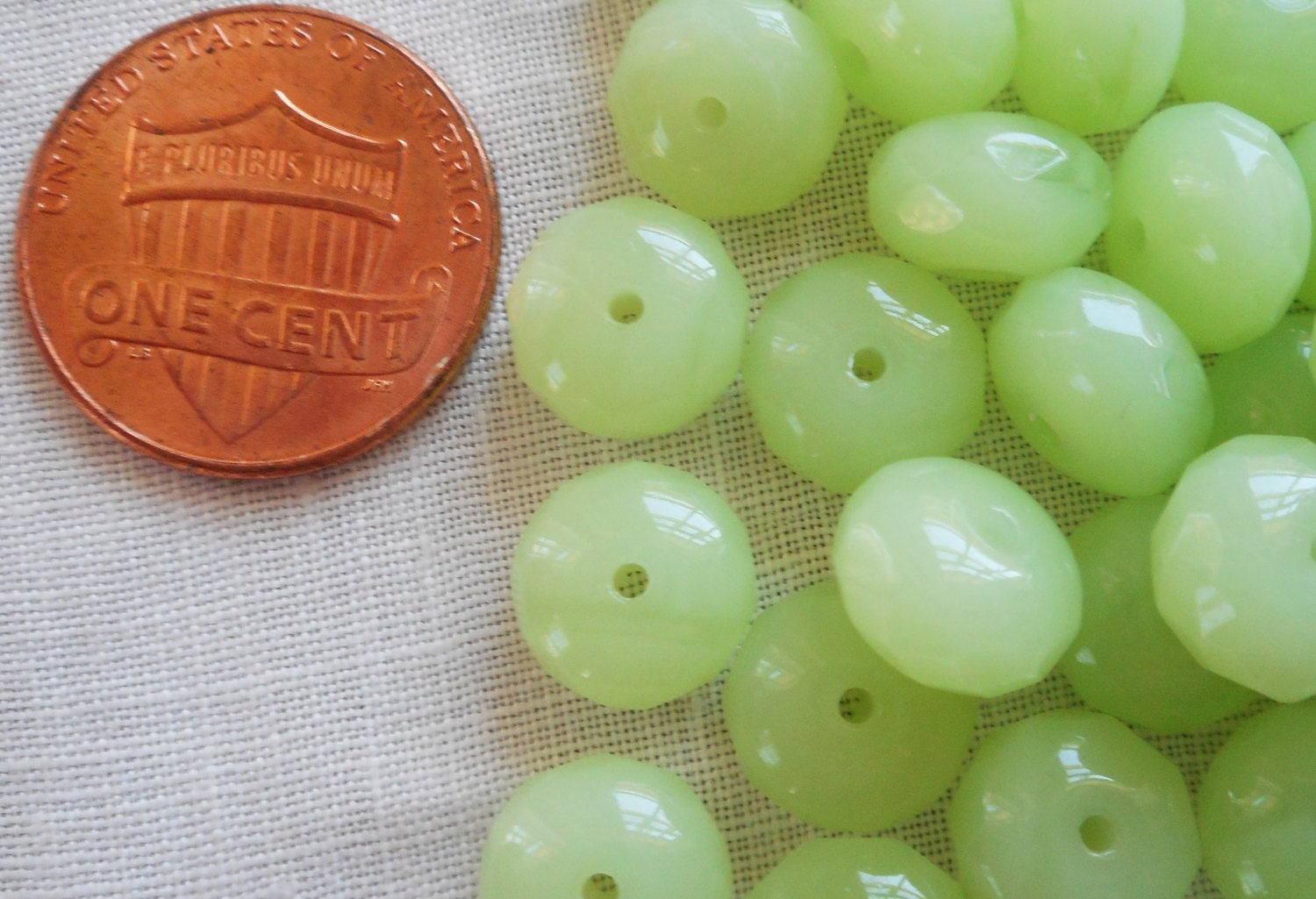 Lot of 25 Opaque Milky Mint Green Opal, Jadite, faceted puffy rondelle beads, 6 x 9mm green Czech glass rondelles C00171