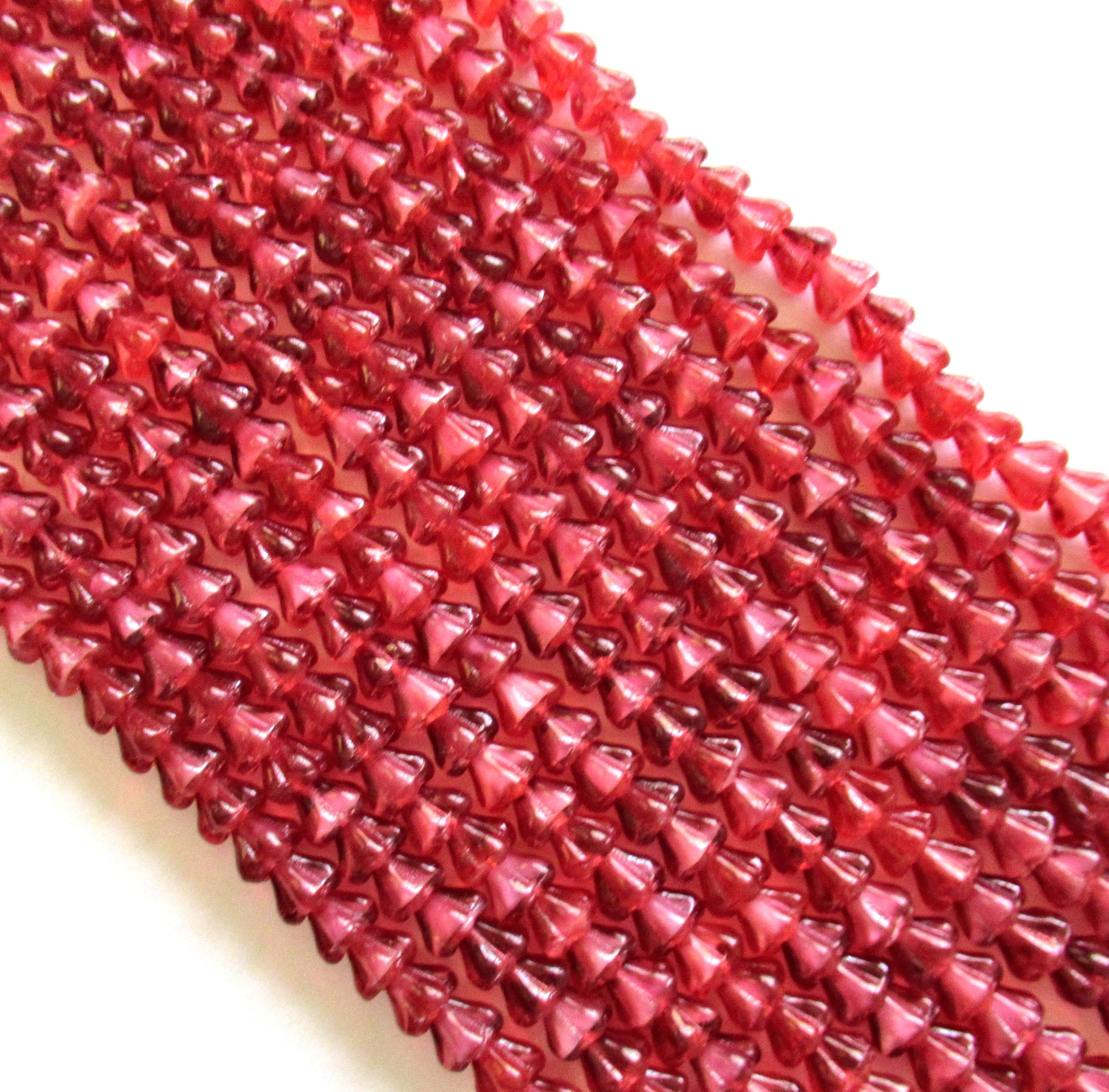 50 6mm x 4mm Czech glass baby bell flower beads - Pearl Fuchsia - dark raspberry pink beads with white hearts - pressed glass beads - C00611