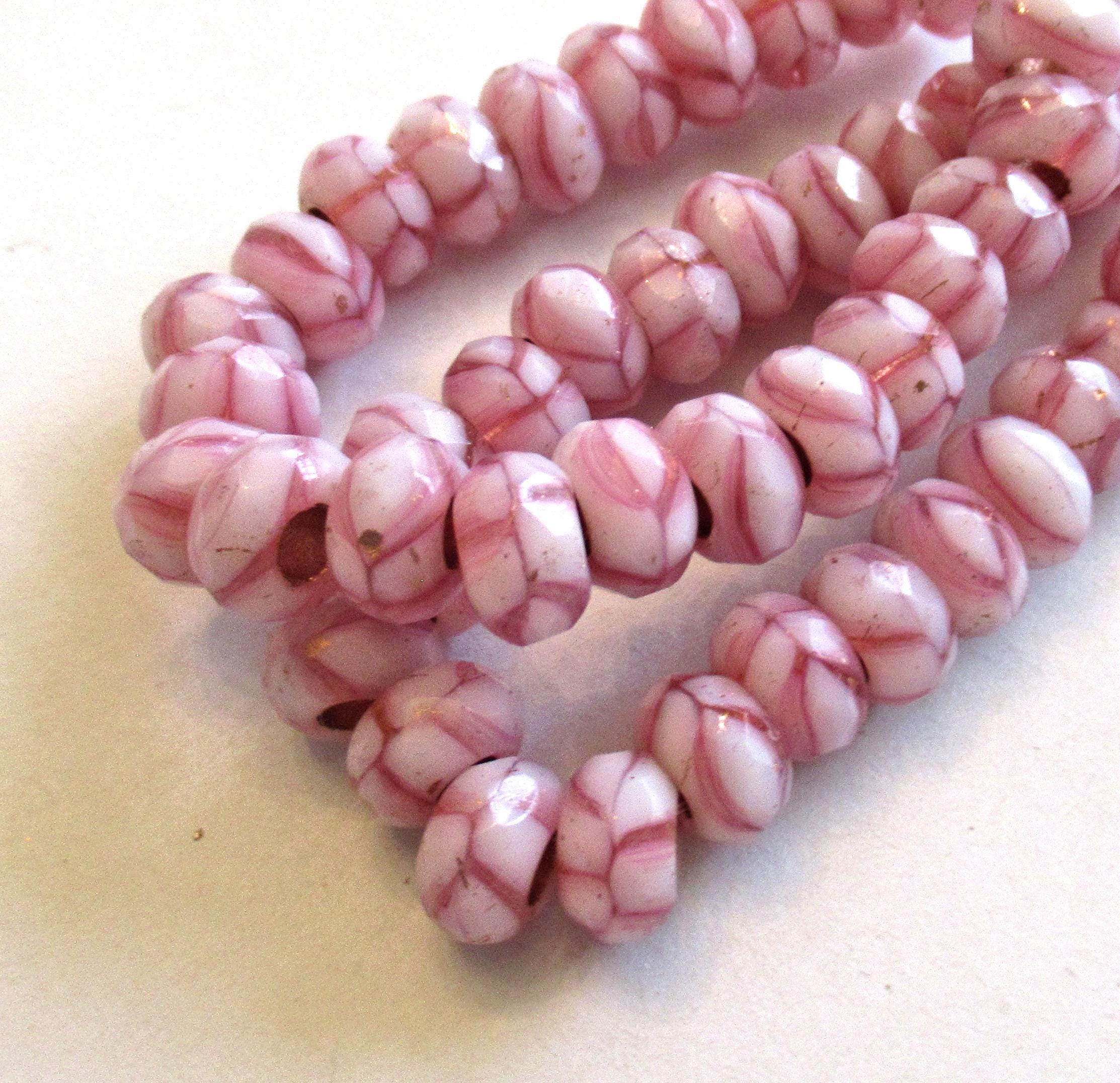 Ten Czech glass faceted roller beads - 6 x 9mm opaque & transparent pink and white marbled striped tyre beads - big 3mm hole beads C00541
