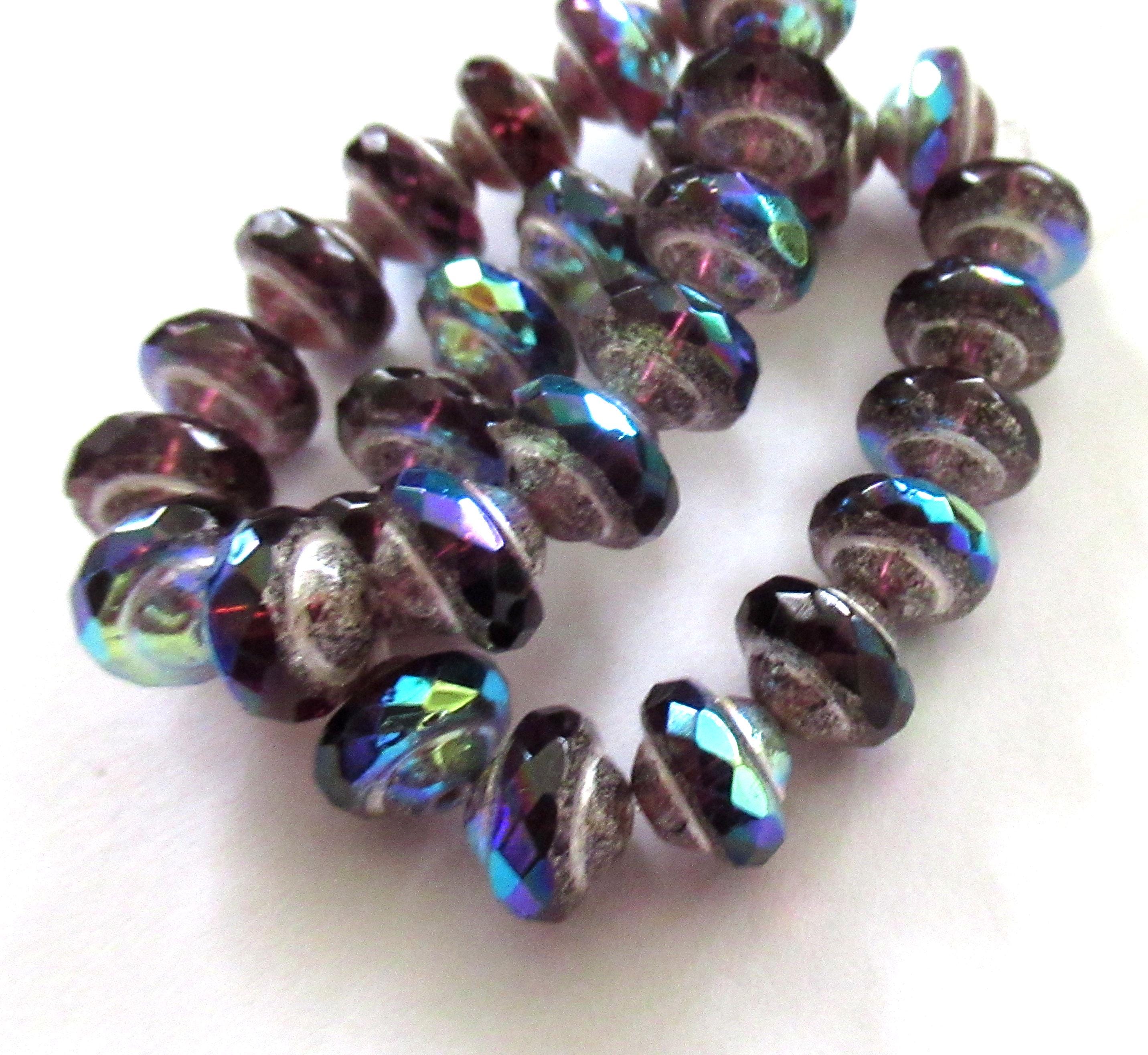 15 Czech glass mini saturn / saucer beads - 6 x 8mm purple / amethyst ab with picasso accents - C00522