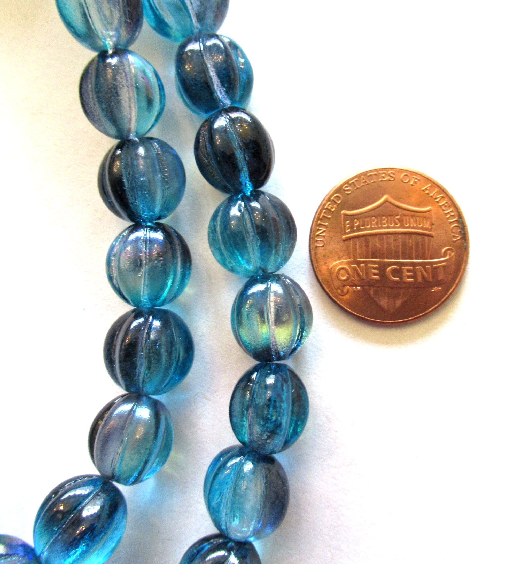 Ten 10mm Czech glass melon beads - dark and light blue color mix pressed glass beads - C0049
