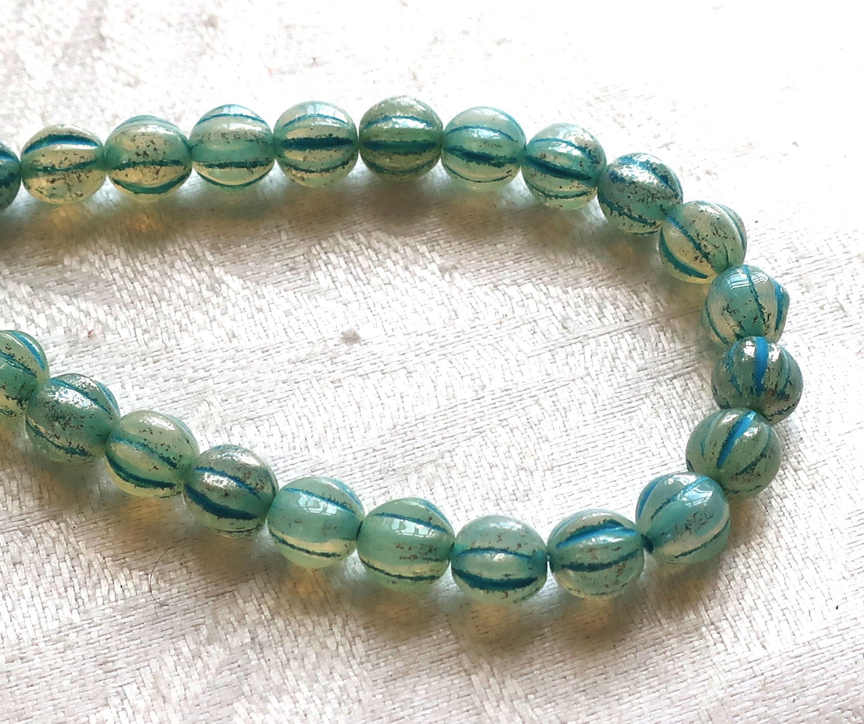 25 Striped aqua blue mercury melon beads, 6mm pressed Czech glass beads C0901