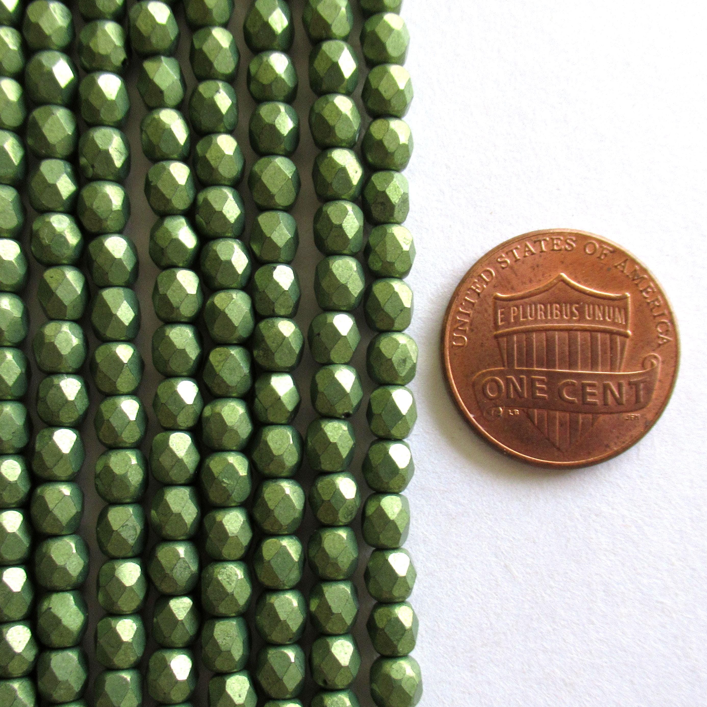 50 4mm Czech glass sage green beads - Saturated Metallic Greenery - fire polished faceted round beads - C0055