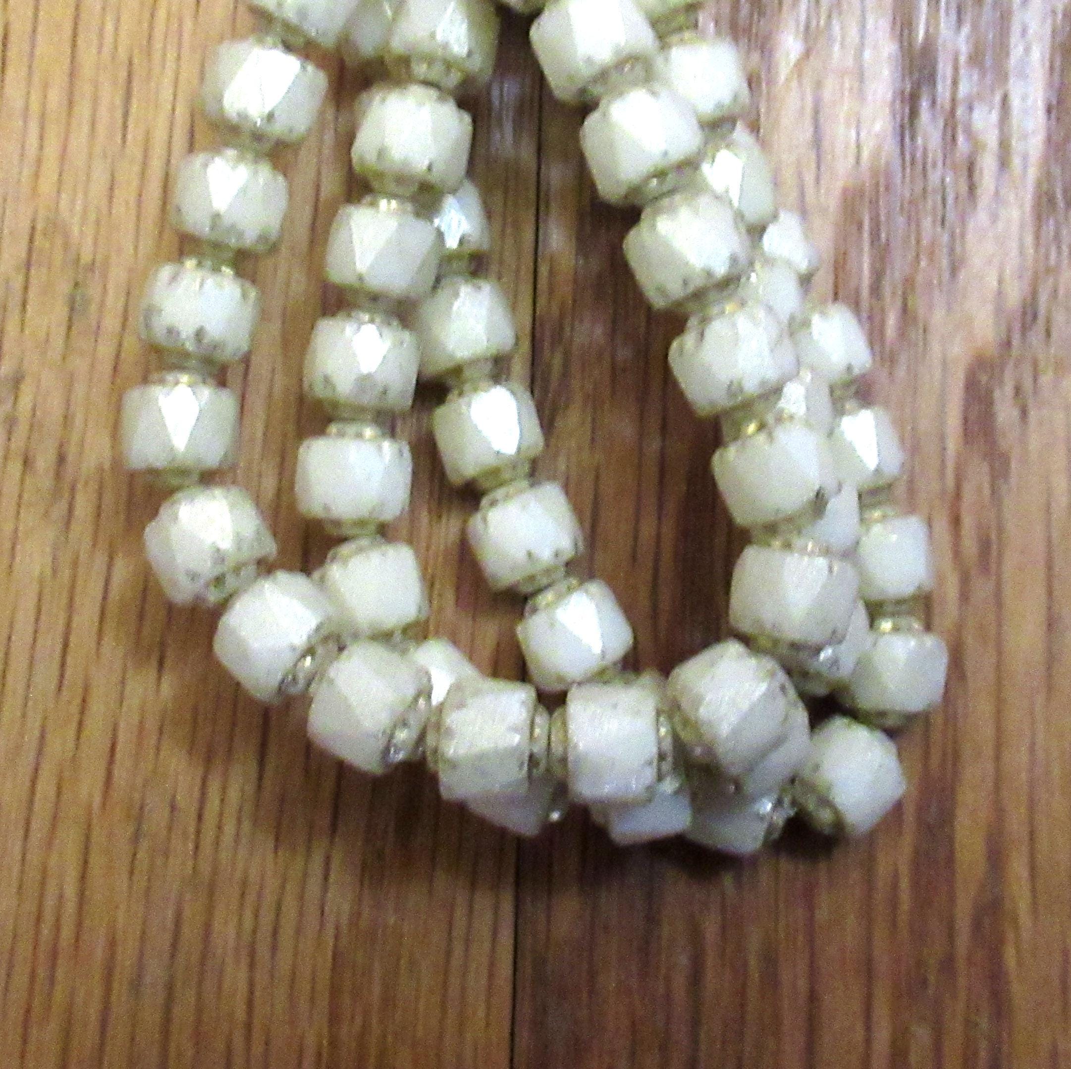 Lot of 20 6mm Czech glass cathedral beads - opaque off white w/ gold picasso accents - faceted fire polished antique cut beads C00941