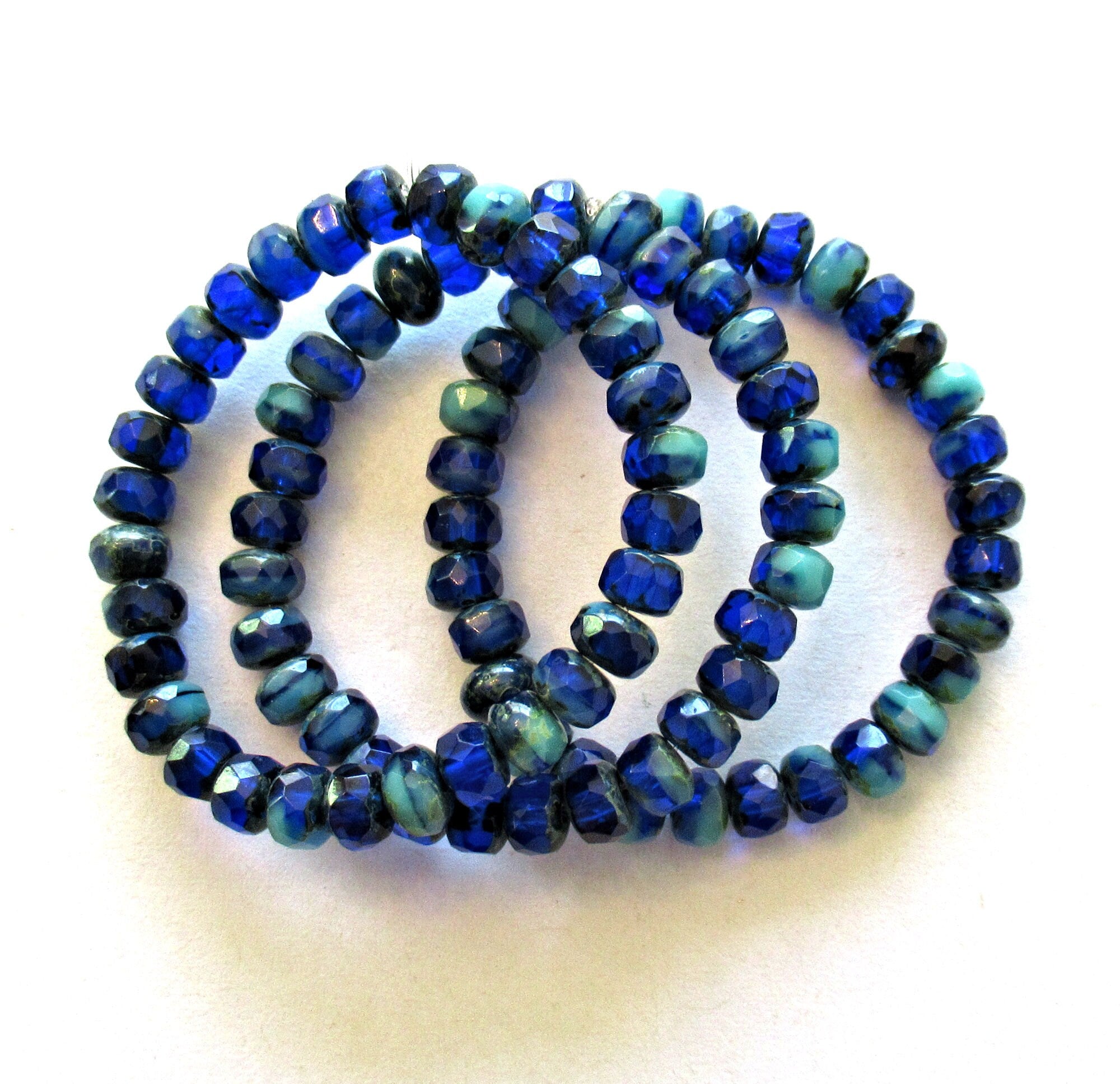 30 small Czech glass puffy rondelle beads - 3 x 5mm transparent cobalt blue & opaque turquoise color mix faceted fire polished rondelles 00041
