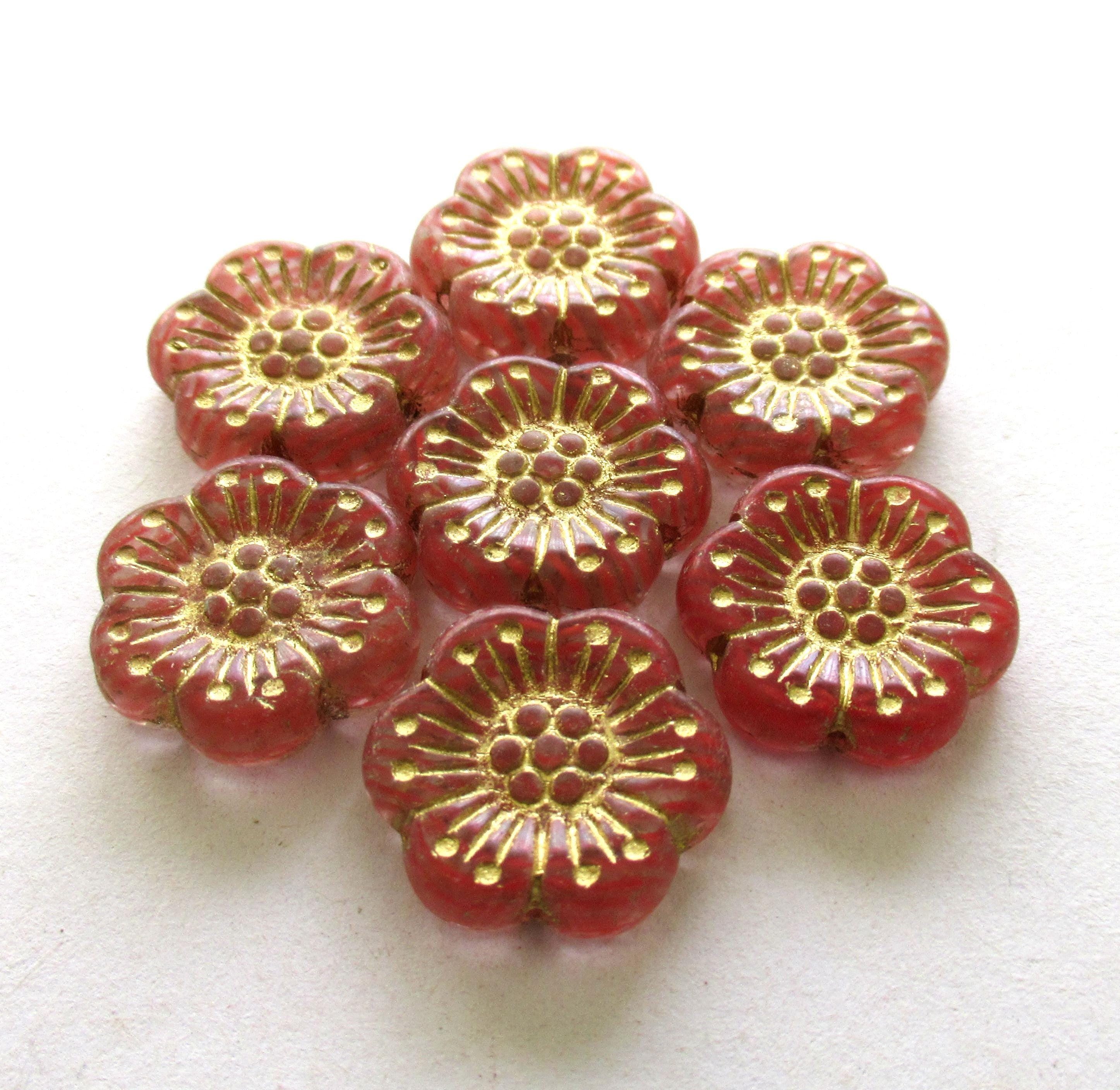 6 large Czech glass flower beads - translucent salmon pink beads with gold accents - 18mm - wild rose beads - 00421