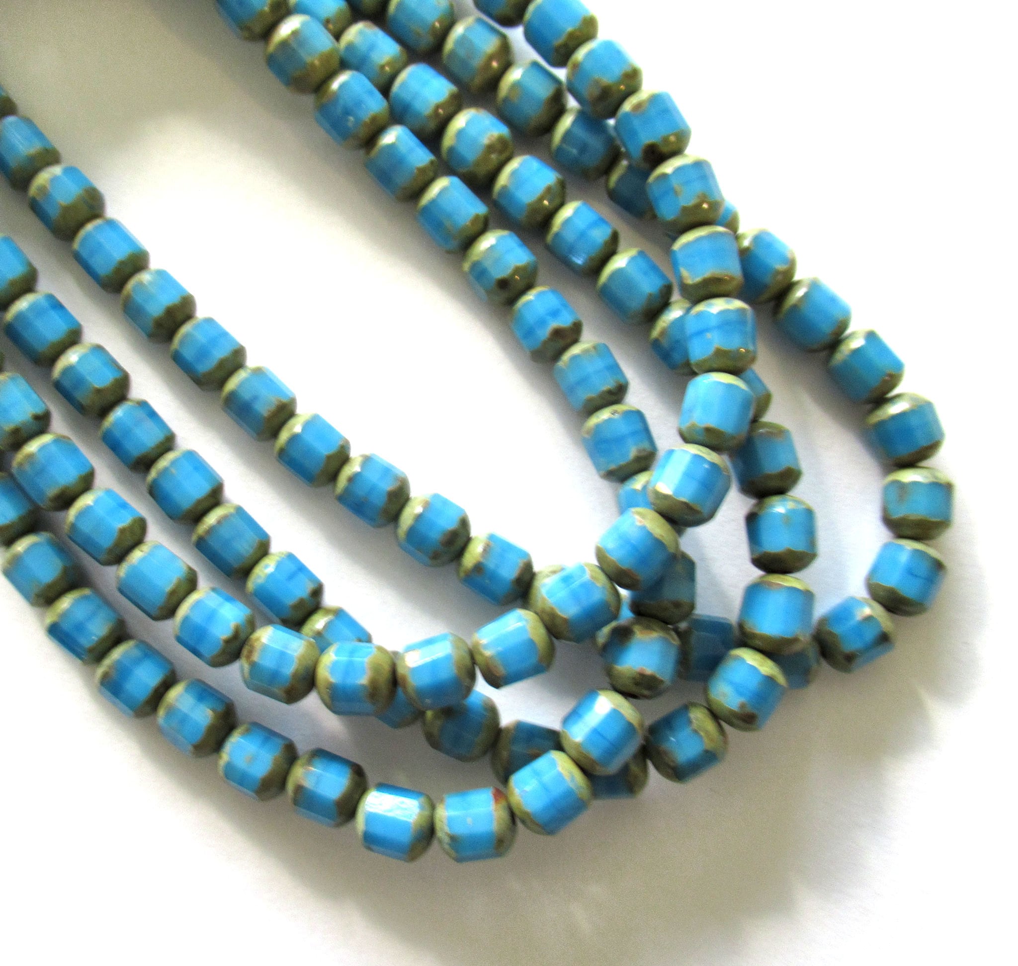 40 Czech glass faceted cathedral or barrel beads - 5mm opaque marbled turquoise blue beads w/ picasso finish on the ends C00441