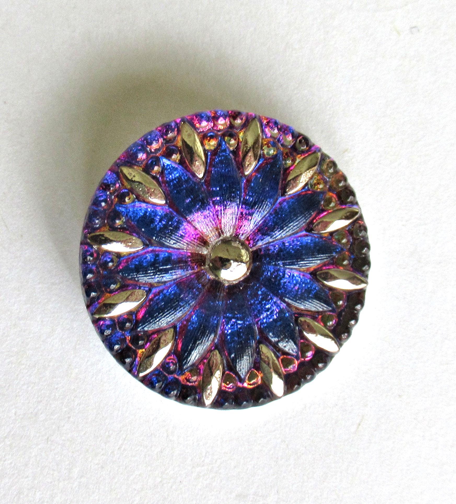 One large Czech glass button - 31mm - blue & pink flower button with silver accents - decorative floral shank button - C00824