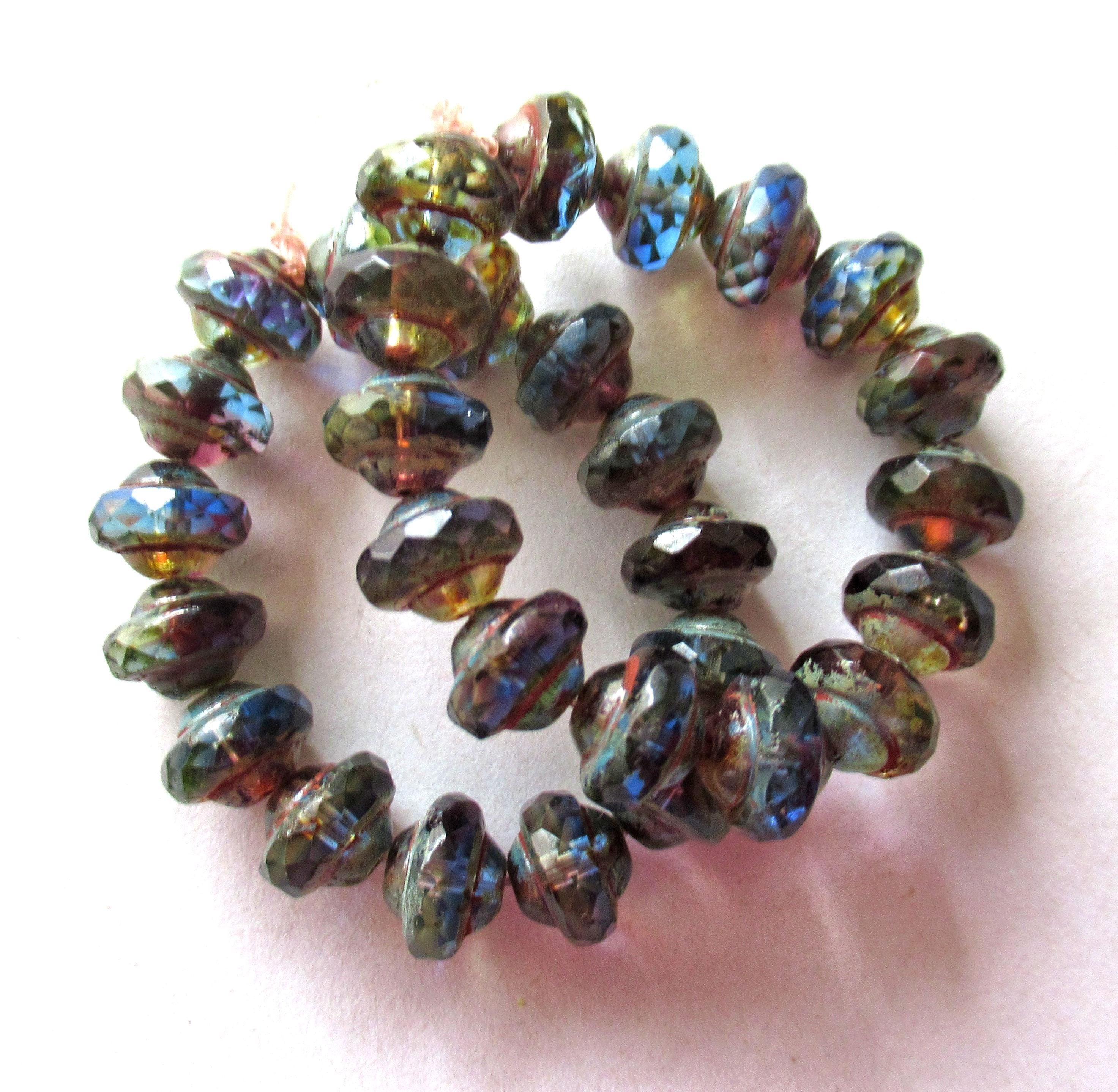 15 Czech glass mini saturn / saucer beads - 6 x 8mm blue & purple / amethyst color mix with picasso accents C5302